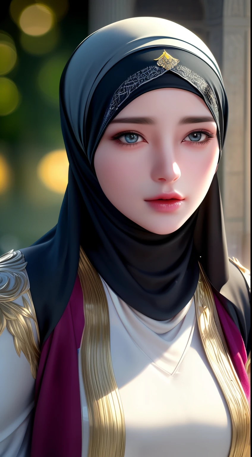 1girl, solo, beautiful face, high detailed realistic eyes, double eyelids, high detailed realistic pupils, (upon body from head to waist:1.36), (wearing hijab:1.37), (moslem headscarf:1.37), reading glasses, sitting alone on a long chair, amazing mosque park background, taj mahal, best quality, masterpiece, highres, black and white moslem female dress, Beautiful face, (upon body from head to waist:1.35), tyndall effect, photorealistic, dark studio, two tone lighting, 8k uhd, dslr, soft lighting, high quality, volumetric lighting, candid, Photograph, high resolution, 4k, 8k, Bokeh, (hyperrealistic girl), (illustration), (high resolution), (extremely detailed), (best illustration), (beautiful detailed eyes), (best quality), (ultra-detailed), (masterpiece), (wallpaper), (photorealistic), (natural light), (rim lighting), (detailed face), (high detailed realistic skin face texture), (anatomically correct), (heterochromic eyes), (detailed eyes), (sparkling eyes), (dynamic pose), (hair completely covered by the hijab:1.35), looking to viewer