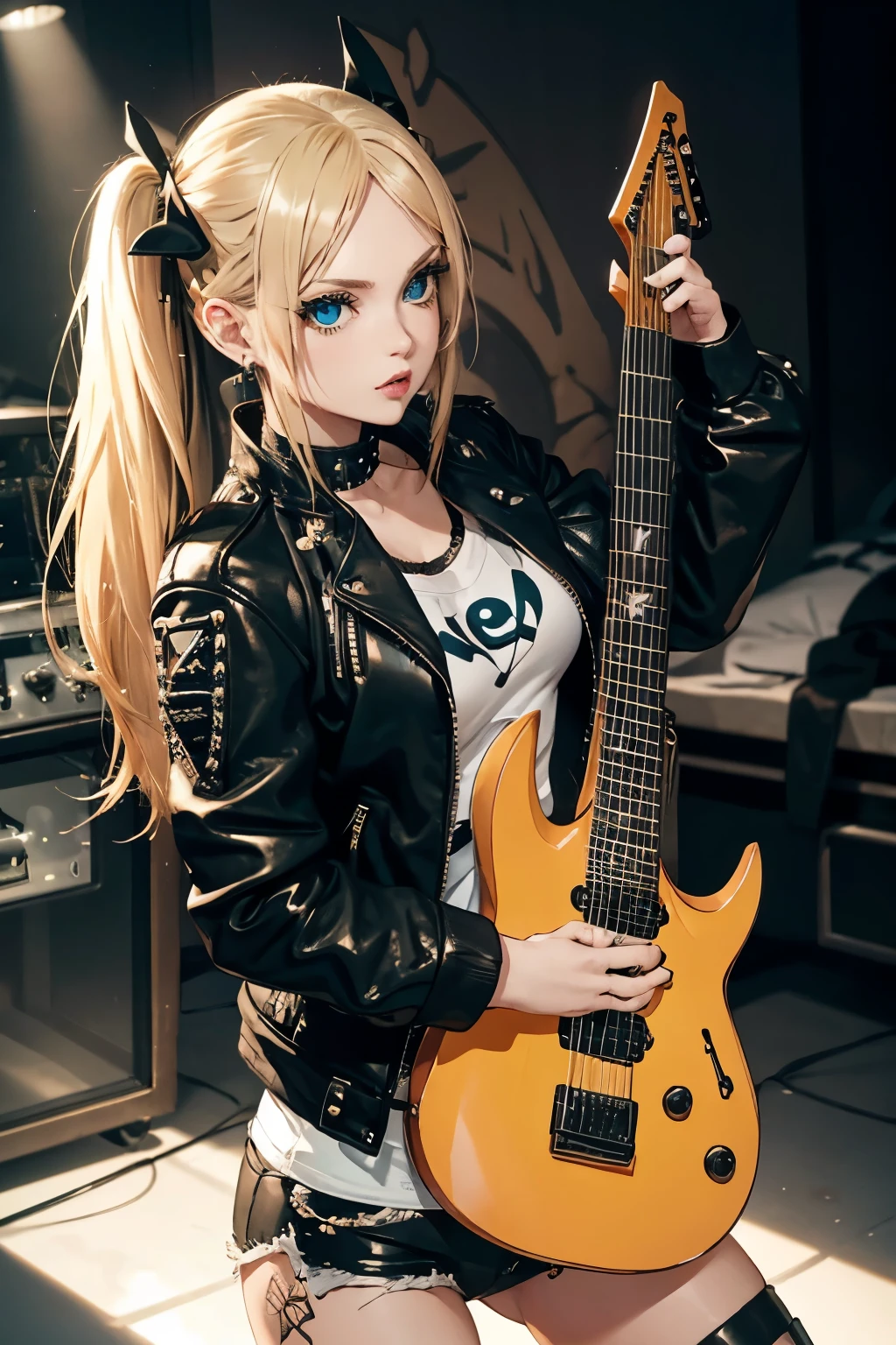 realistic:1.2, Rocker girl wearing a leather jacket,slim body shape、Normal bust size、 highly realistic photograph, fullbody、, １two electric guitars, clothes with spikes,white tank top、Navel exposed、low rise leather shorts,tattoo,earrings dark lipstick, blue eyes,blonde twintail hair,black ribbon, beautiful and perfect legs, confident look, punk style ,dynamic pose, dynamic lighting, Bright colors, ant alexa 65, 50MM lens