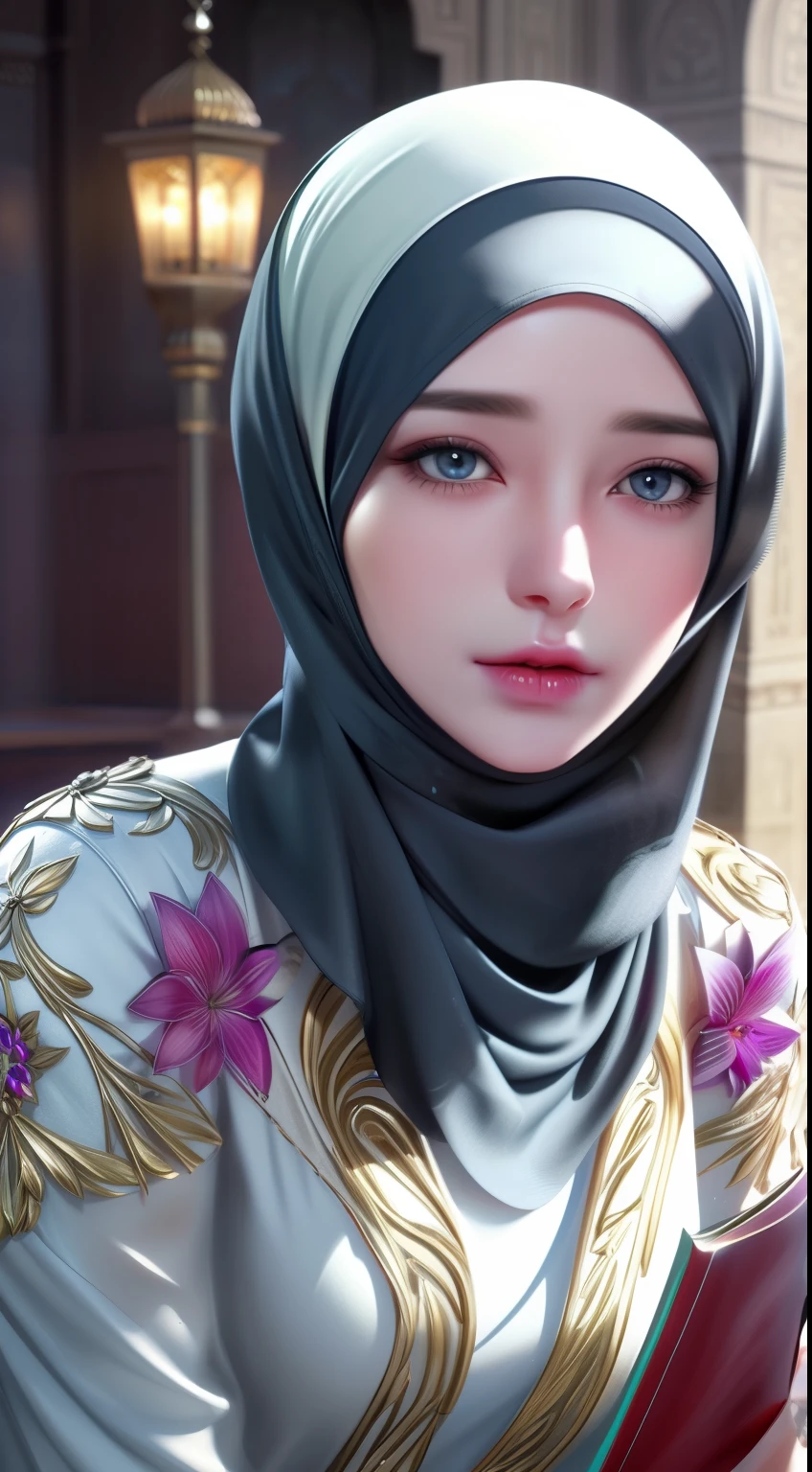 1girl, solo, beautiful face, high detailed realistic eyes, double eyelids, high detailed realistic pupils, (upon body from head to waist:1.36), (wearing hijab:1.37), (moslem headscarf:1.37), reading glasses, sitting alone on a long chair, amazing mosque park background, taj mahal, best quality, masterpiece, highres, black and white moslem female dress, Beautiful face, (upon body from head to waist:1.35), tyndall effect, photorealistic, dark studio, two tone lighting, 8k uhd, dslr, soft lighting, high quality, volumetric lighting, candid, Photograph, high resolution, 4k, 8k, Bokeh, (hyperrealistic girl), (illustration), (high resolution), (extremely detailed), (best illustration), (beautiful detailed eyes), (best quality), (ultra-detailed), (masterpiece), (wallpaper), (photorealistic), (natural light), (rim lighting), (detailed face), (high detailed realistic skin face texture), (anatomically correct), (heterochromic eyes), (detailed eyes), (sparkling eyes), (dynamic pose), (hair completely covered by the hijab:1.35), looking to viewer