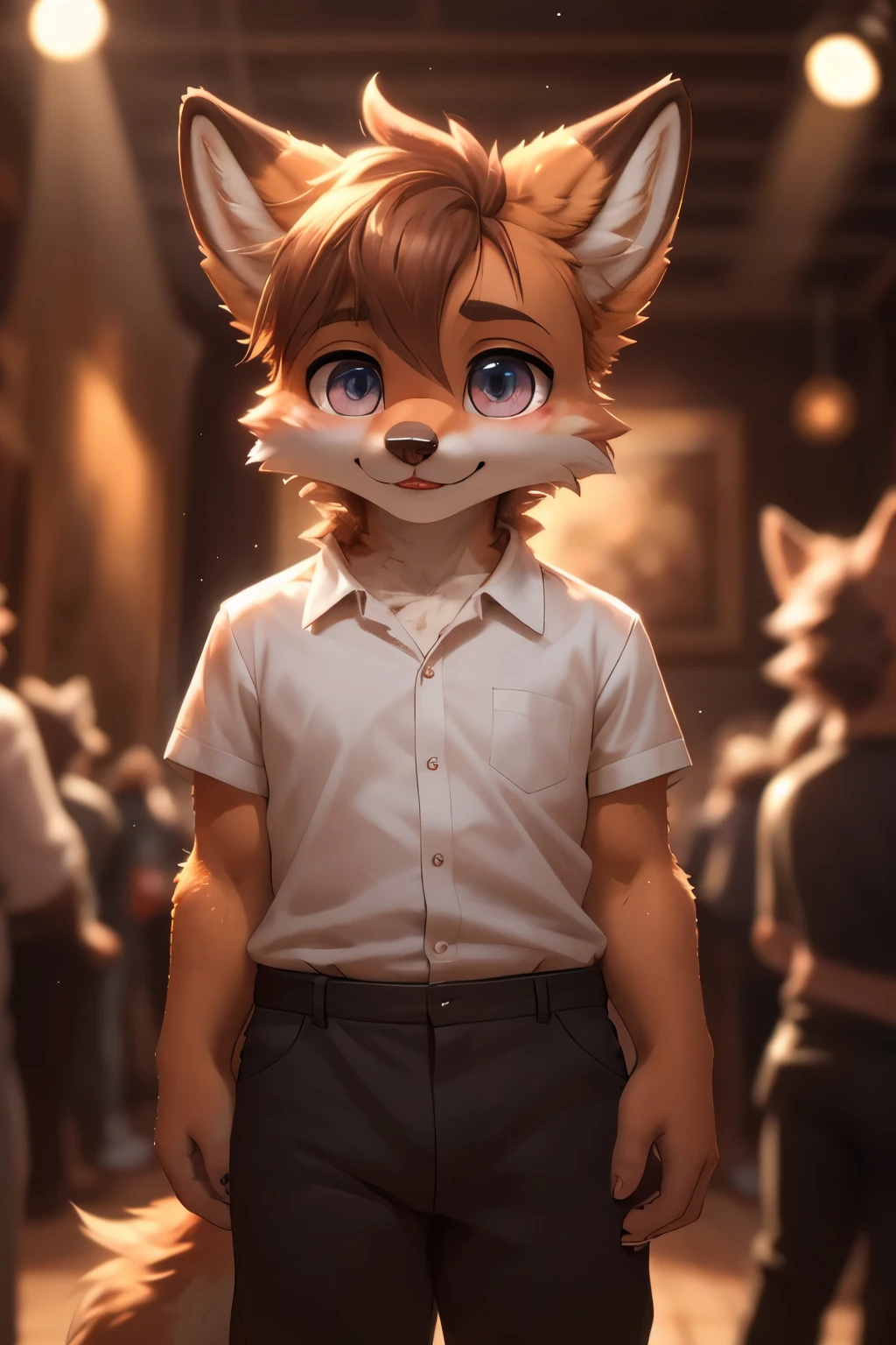 ((best quality)), ((masterpiece)), (detailed), perfect face,official art,hairy,male,child,Anthropomorphic red fox,brown face,exquisite eyes,White shirt, depth of field, perfect lighting, light particles,(best quality),(masterpiece),(super detailed),sharp focus,light particles, Show most of your body，black pants，Very cute and handsome