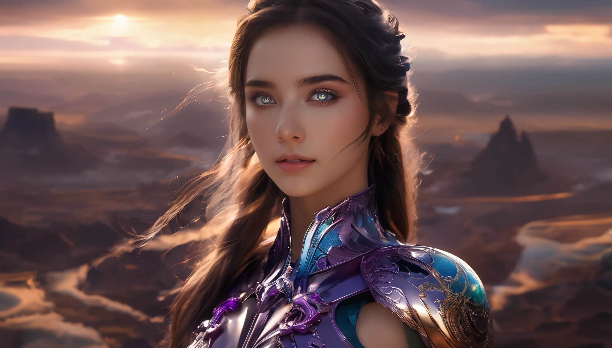 A woman in a purple outfit standing in front of a mountain - SeaArt AI