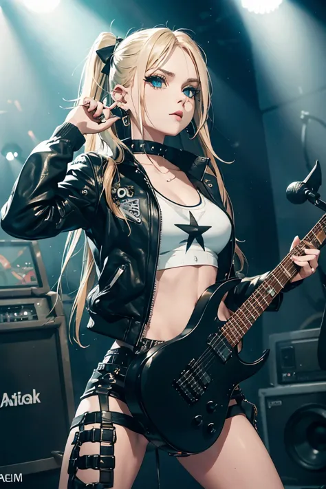 realistic:1.2, Rocker girl wearing a leather jacket,slim body shape、Normal bust size、 highly realistic photograph,  full body sh...