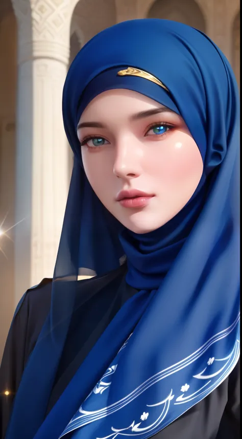 1girl, solo, beautiful face, high detailed realistic eyes, double eyelids, high detailed realistic pupils, (upon body from head to waist:1.36), (wearing hijab:1.37), (moslem headscarf:1.37), reading glasses, sitting alone on a long chair, amazing mosque pa...