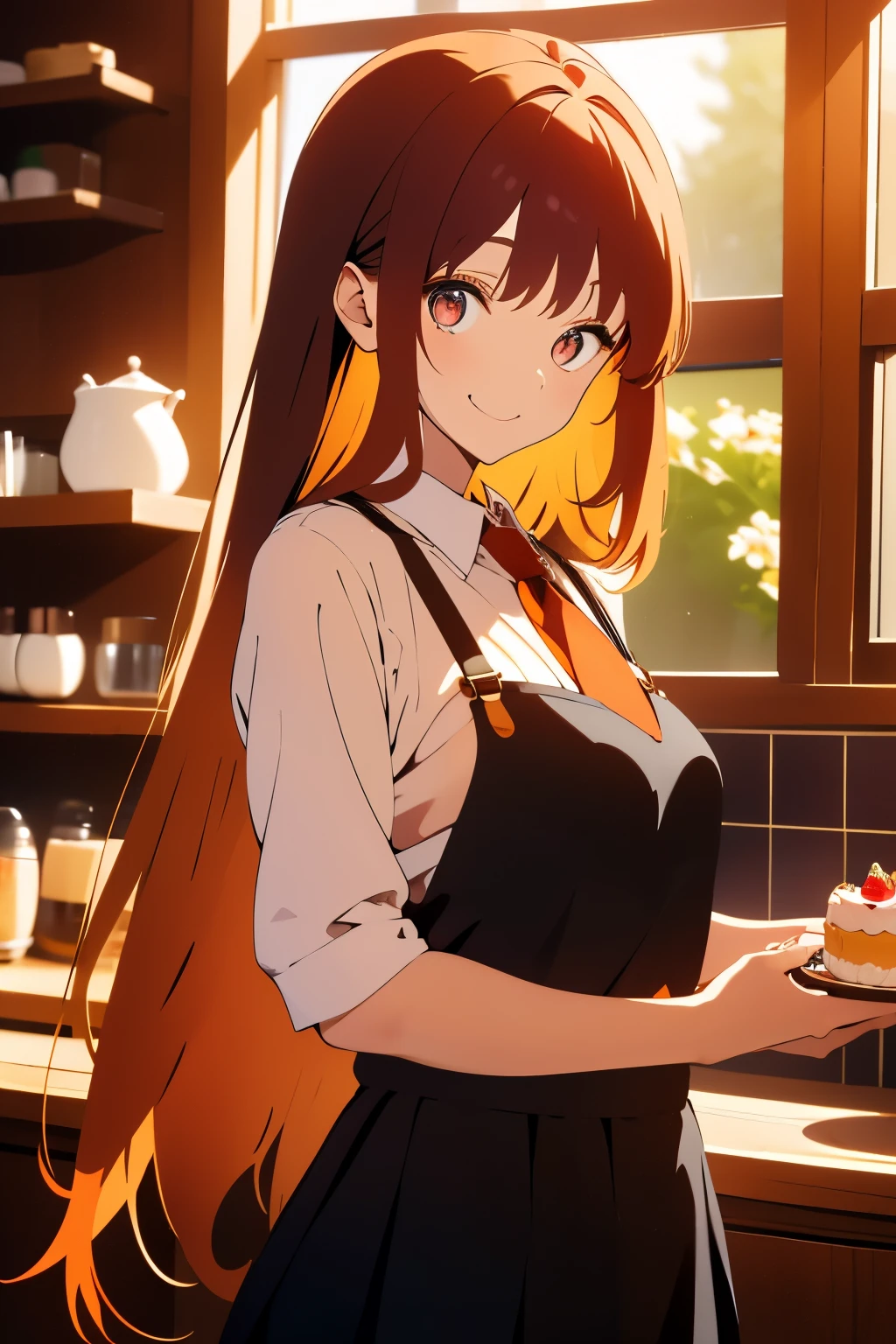 there’s a girl with black shiny eyes and long ALL orange hair with bangs and a ribbon attached to it holding an strawberry cake with a smile. she has a barista uniform and rosy cheeks. she also wears glassen in rectangle shape