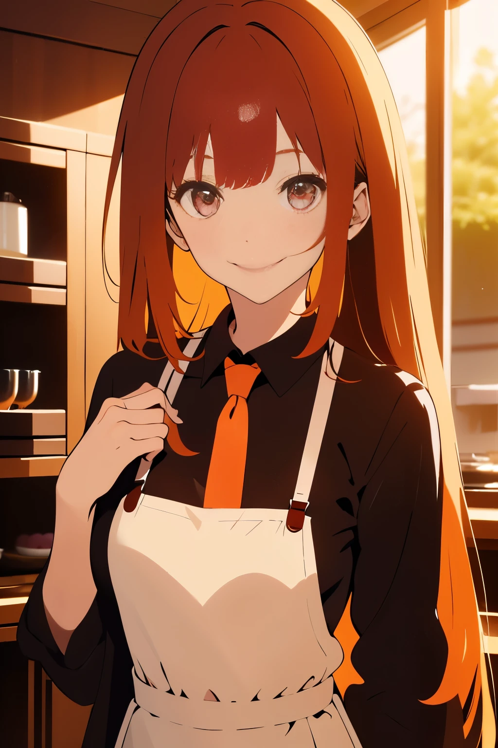 there’s a girl with black shiny eyes and long ALL orange hair with bangs and a ribbon attached to it holding an strawberry cake with a smile. she has a barista uniform and rosy cheeks. she also wears glassen in rectangle shape