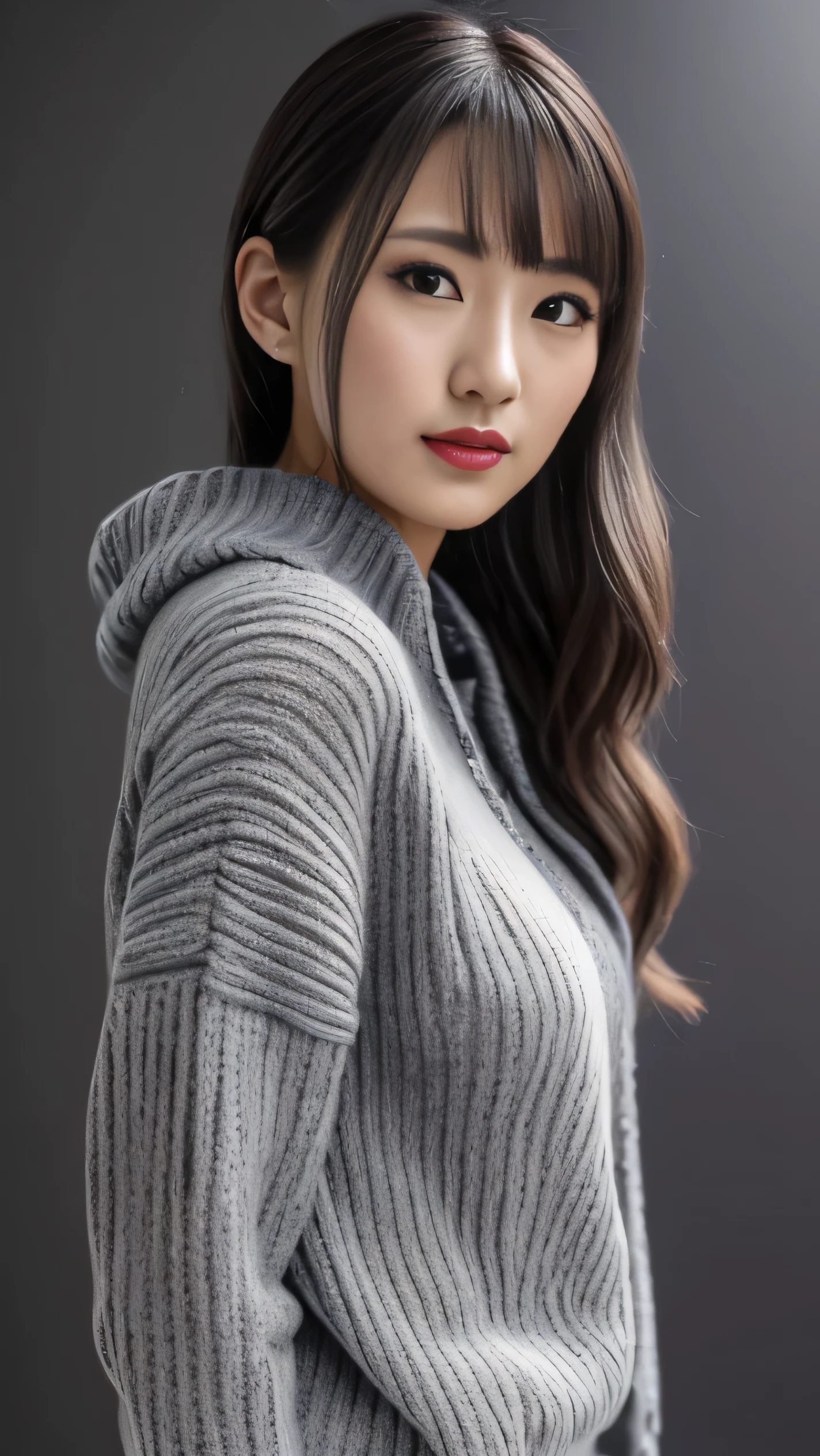 (the Extremely Detailed CG Unity 8K Wallpapers,masutepiece, Best Quality, Ultra-detailed), Gray background, 26-year-old female living in Japan, Sexy 26 year old woman, Bust emphasis:1.2, (Small knitwear), Body line enhancement, canvas background, red lips, facing front, eyes at viewer