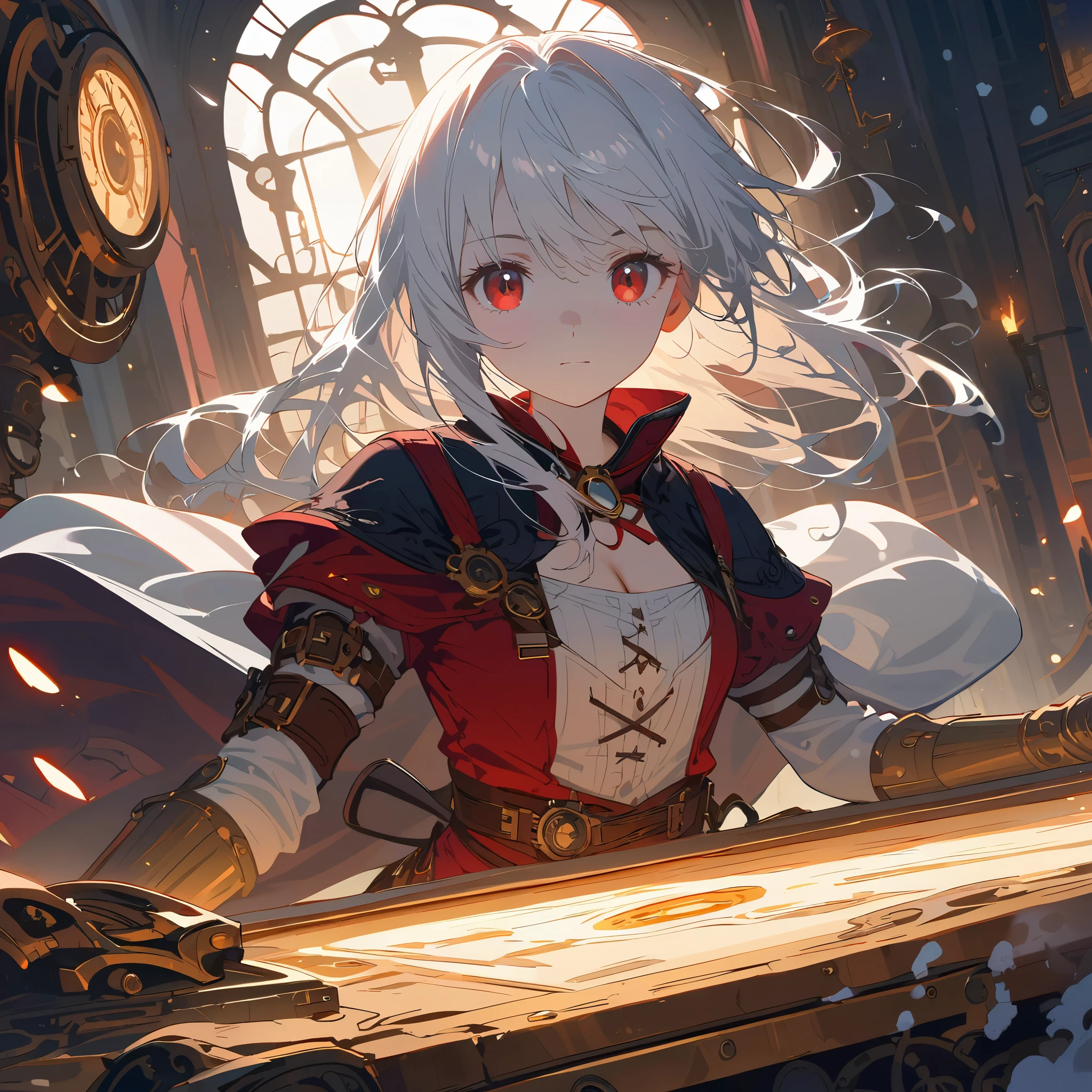 (Masterpiece artwork cinematic lighting, incredible and expressive details), (expressive detailed eyes), intricate hair details, a young girl, short white hair, fair, snow-white skin, masculine face, (expressive red eyes), background, extremely detailed 8k CG wallpaper, steampunk-style room, low, almost imperceptible lighting, beautiful illustration.
