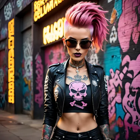 (best quality,highres),1punk woman,pink hair,detailed skull tattoos,nerdy style,"WoW"Braw,edgy makeup,confident expression,stand...