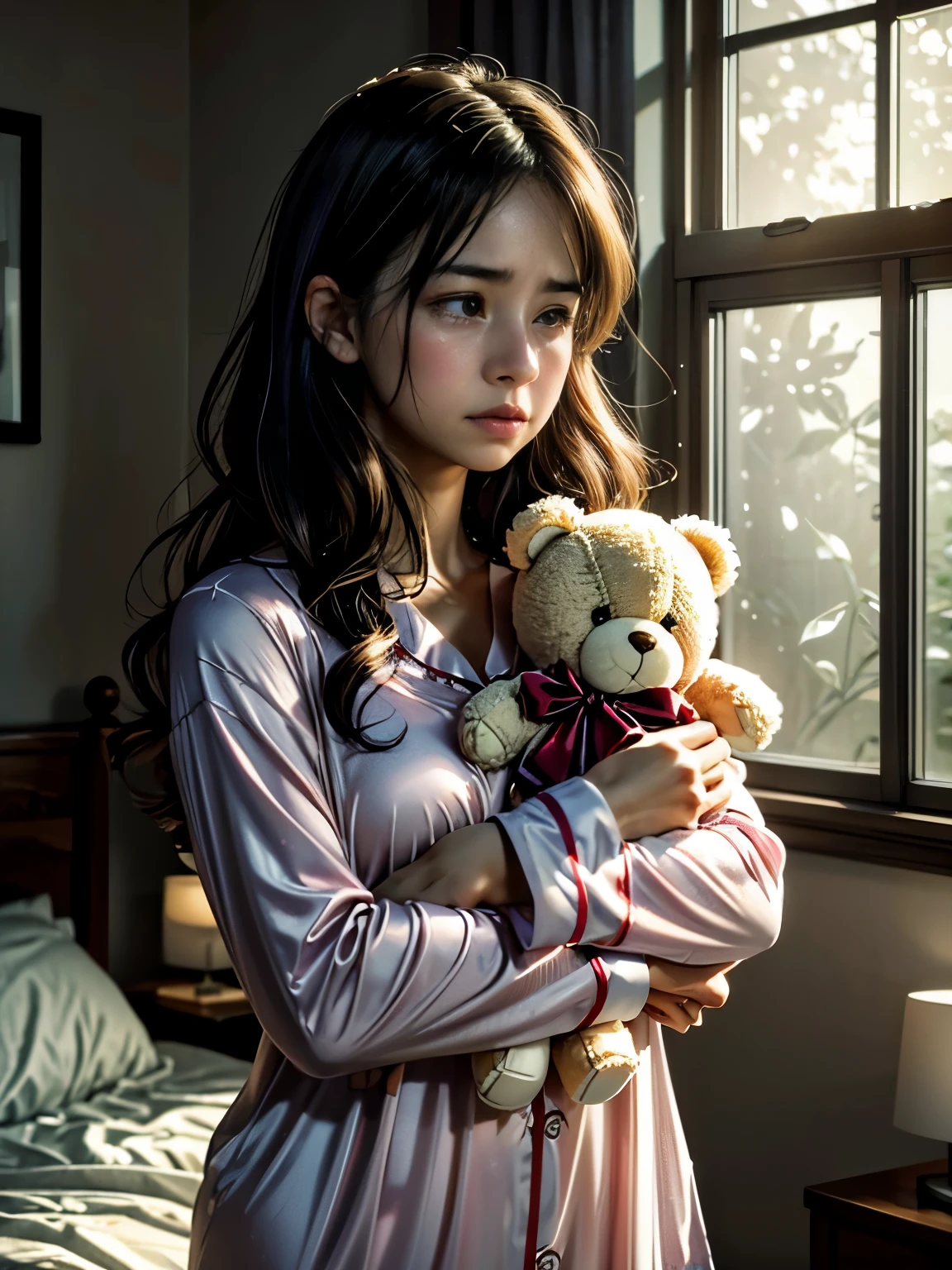 (highres,realistic:1.2),cute woman,mad woman,cartoonishly exaggerated sobbing,puffy cheeks,puffy eyes,tears shooting out like little streams of water,holding teddy bear,emotional meltdown,cute and expressive facial expressions,soft pastel colors,dramatic lighting,vibrant background,realistic tears,delicate textures,satin material for her pajamas,comfortable bedroom setting,soft sunlight filtering through the window,warm and cozy atmosphere,messy hair flying in the air