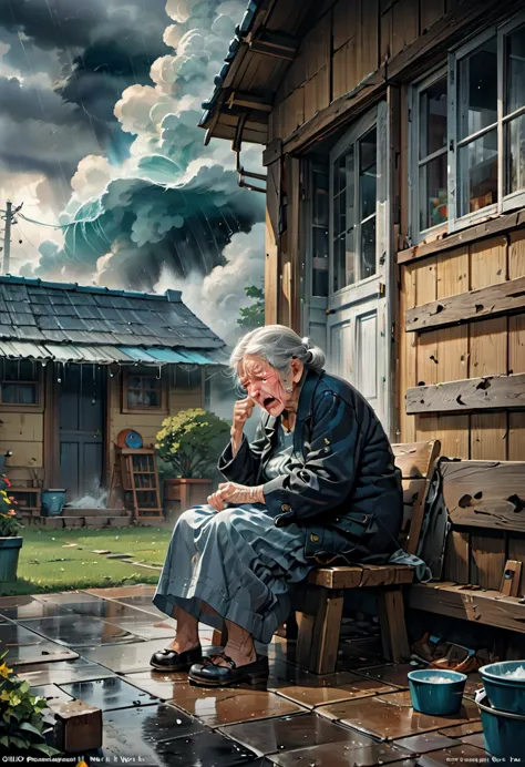 comic art style, anime realism, old woman crying with tears, sit in front of house, squall, wail, yowl, (best quality, perfect m...