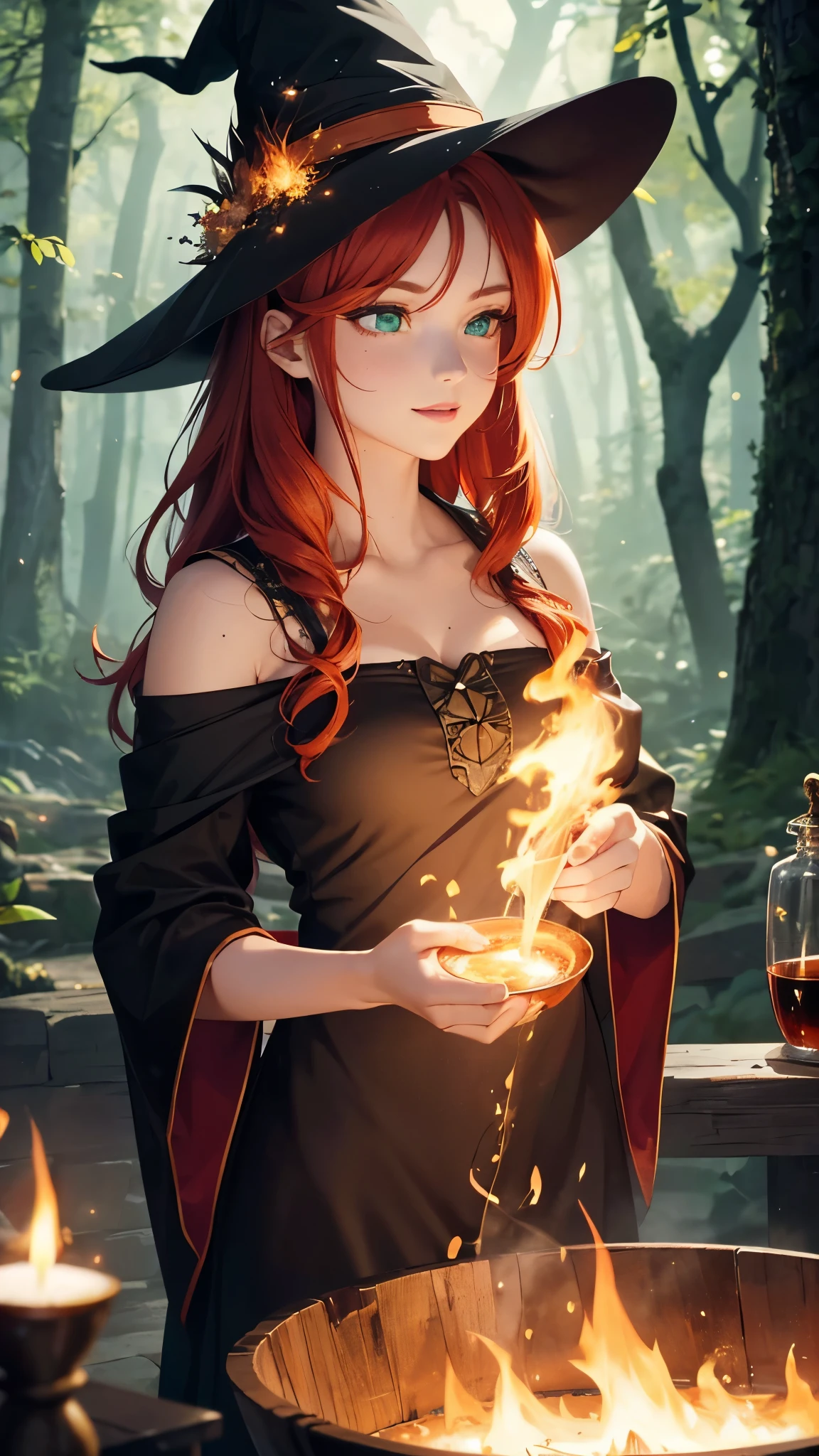 (Best Quality,4k,8K,hight resolution,Masterpiece:1.2) ,Passion for ritual, ((Film grain, bokeh, light particles ,Dust, Extreme camera angle)),(extremely detailed 8K wallpapers), Full-length painting, Forest glade, A beautiful witch brews a potion in a cauldron over a fire, Focused gaze on a beautiful face, stirs kvass, Flames give glare on the body and face, Witch's Hat, Green eyes, redhead hair, ssmile