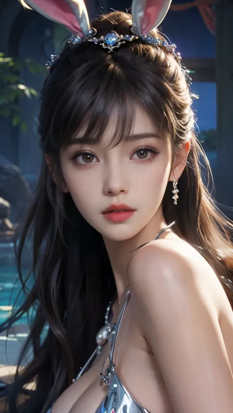 Close-up of a woman with rabbit ears and a sword, Queen of the Sea Mu Yanling, Zodiac Girl Knight Portrait, Lineage 2 style, Smo...