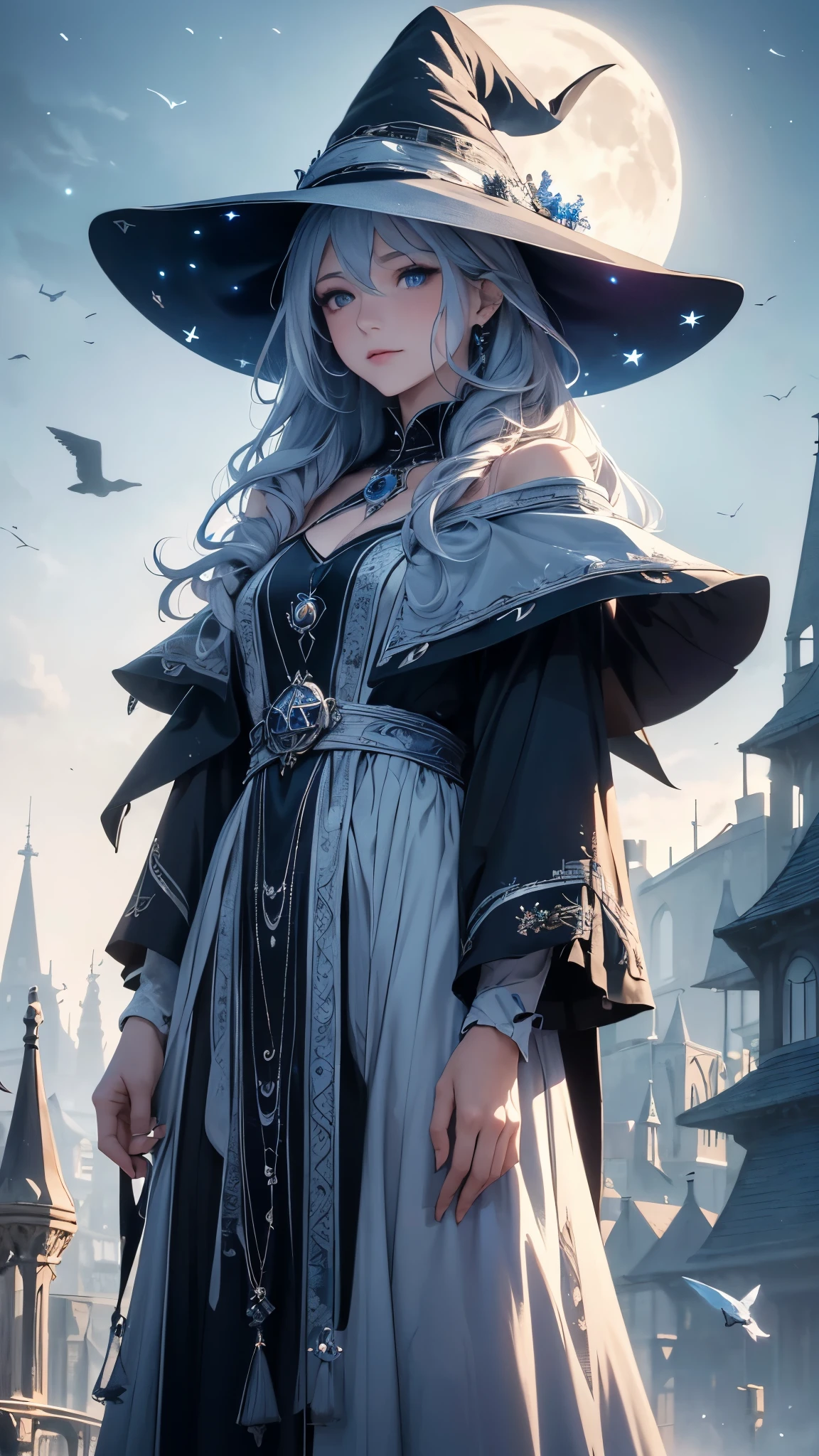 (best quality,4k,8k,highres,masterpiece:1.2),ultra-detailed,witch in a blue sky,wearing a witch hat,long silver hair,standing solo in a cloudy sky with a moon and birds,set outdoors,illustration,portrait,vivid colors,cold color tone,soft lighting,hazy atmosphere