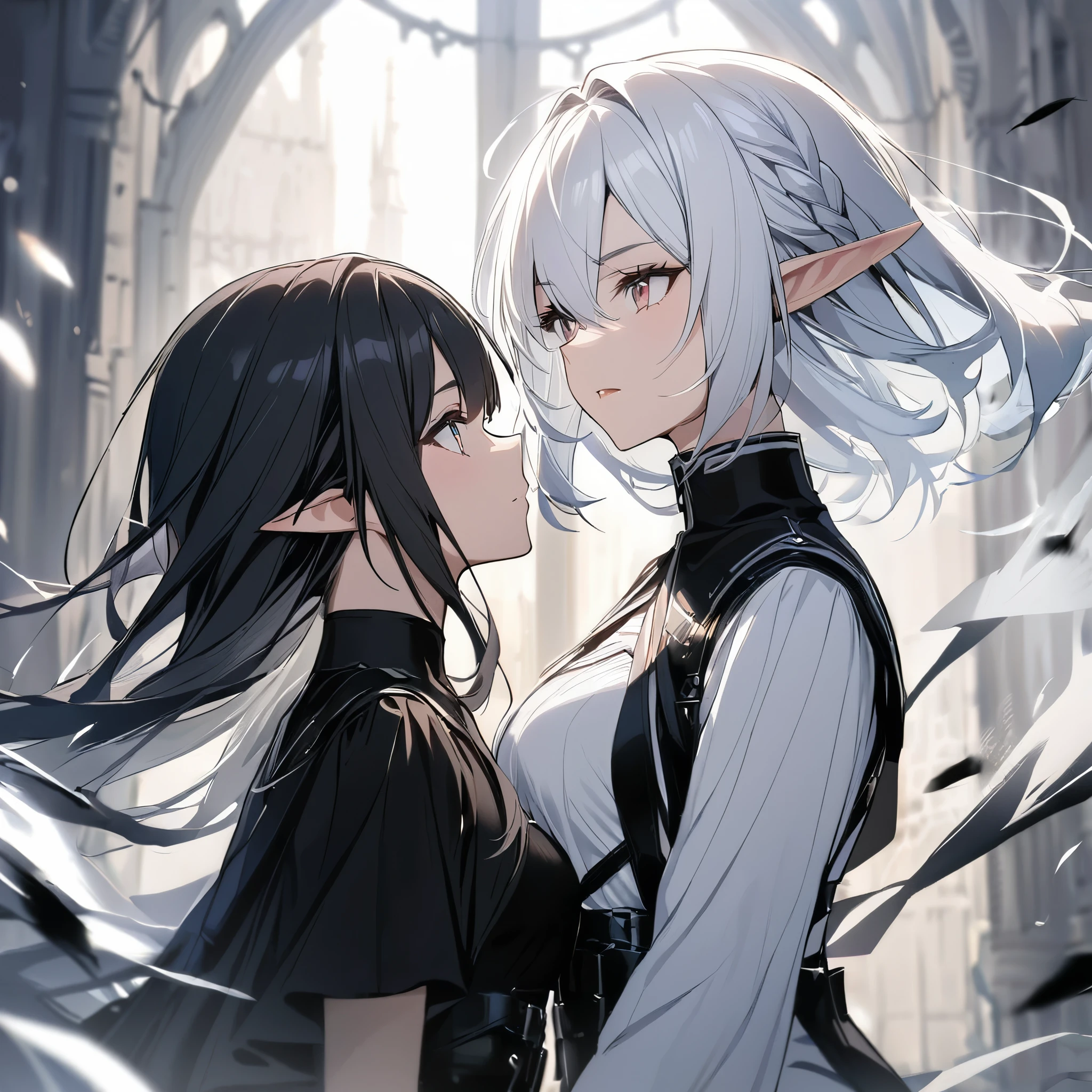 2girl ,black clothes,white clothes, black hair, white hair, dark elf