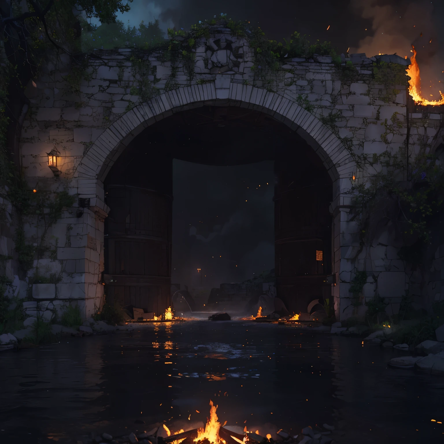 BattleMap, ruined castle with a river flowing through it, many fire, ultra realistic 8k cg, HDR, beautiful detailed glow, perfect artwork, masterpiece, detailed, 