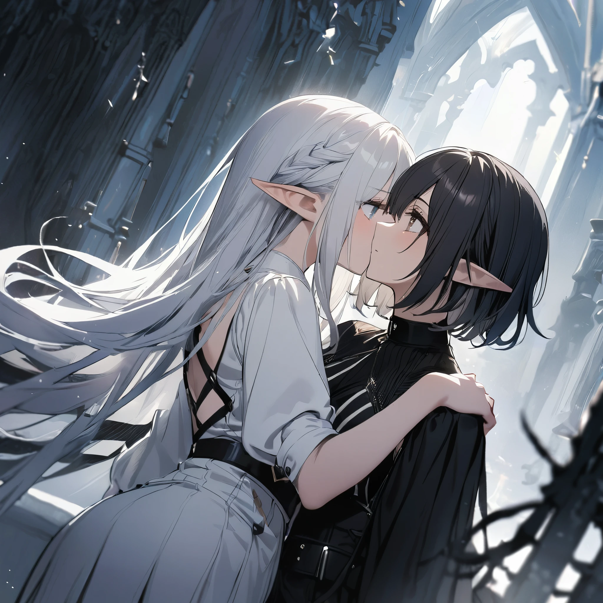 2girl ,black clothes,white clothes, black hair, white hair, dark elf