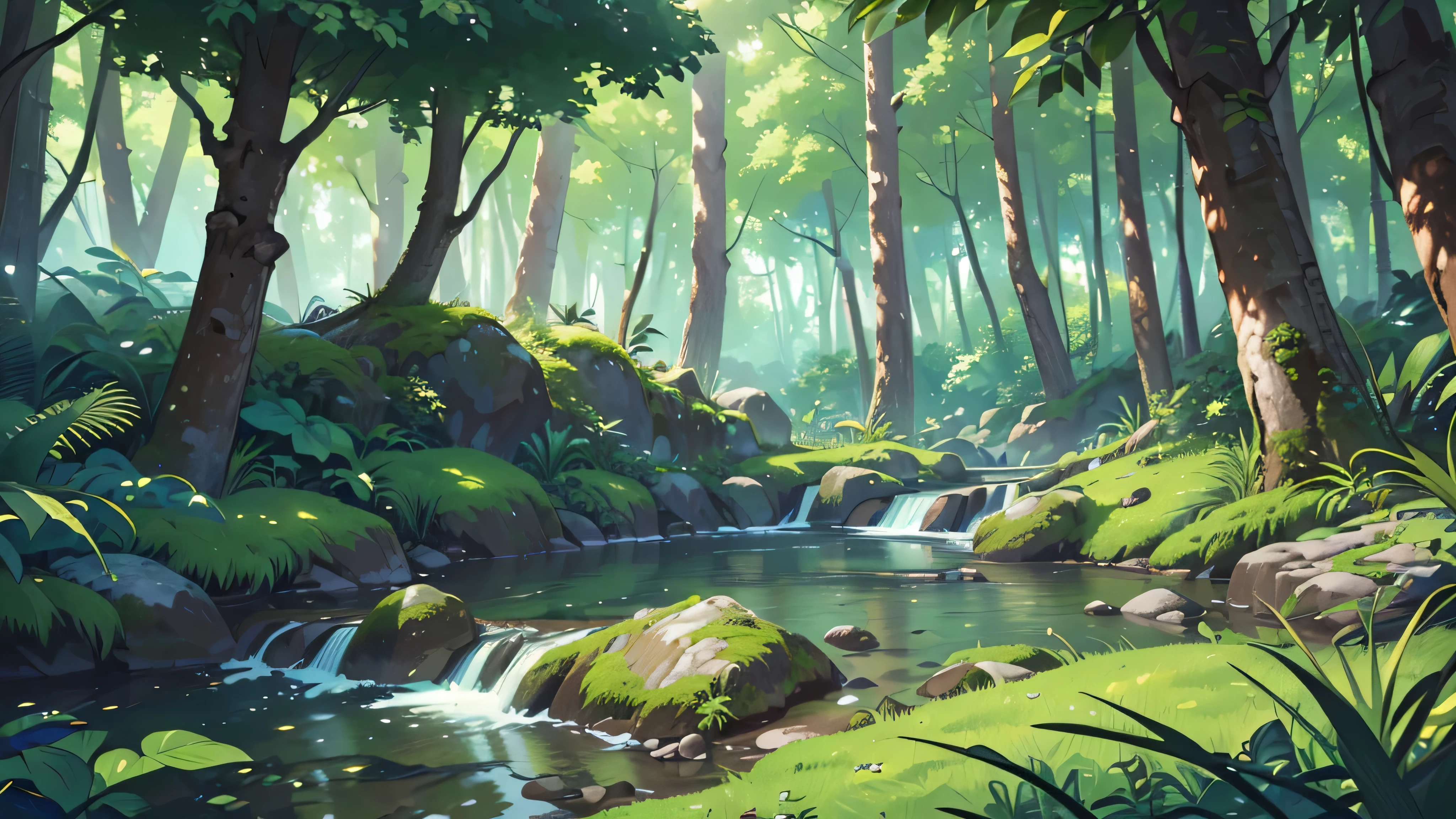 (Best Quality,4k,8K,high resolucion,Masterpiece:1.2),Ultra-detailed,(realisitic,Photorealistic,Realistis:1.37), summer, forest in the jungle, Bushes, shade, big rock, grass, vegetation, wood, stream