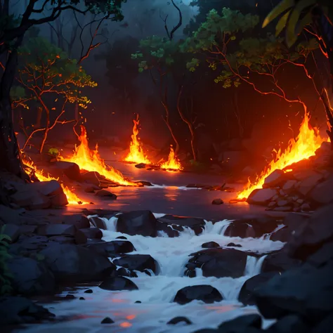 battlemap, burning wooden gate with a river flowing through it, many fire, lava, rainforest, jungle, creepy, dark, gloomy, ultra...