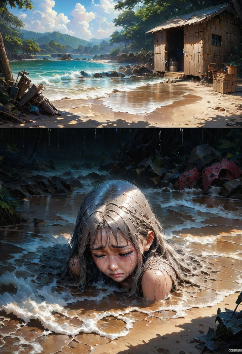 comic art style, anime realism, girl sad cry, shed tears sit on beach, wet, (best quality, perfect masterpiece, Representative work, official art, Professional, high details, Ultra intricate detailed:1.3)