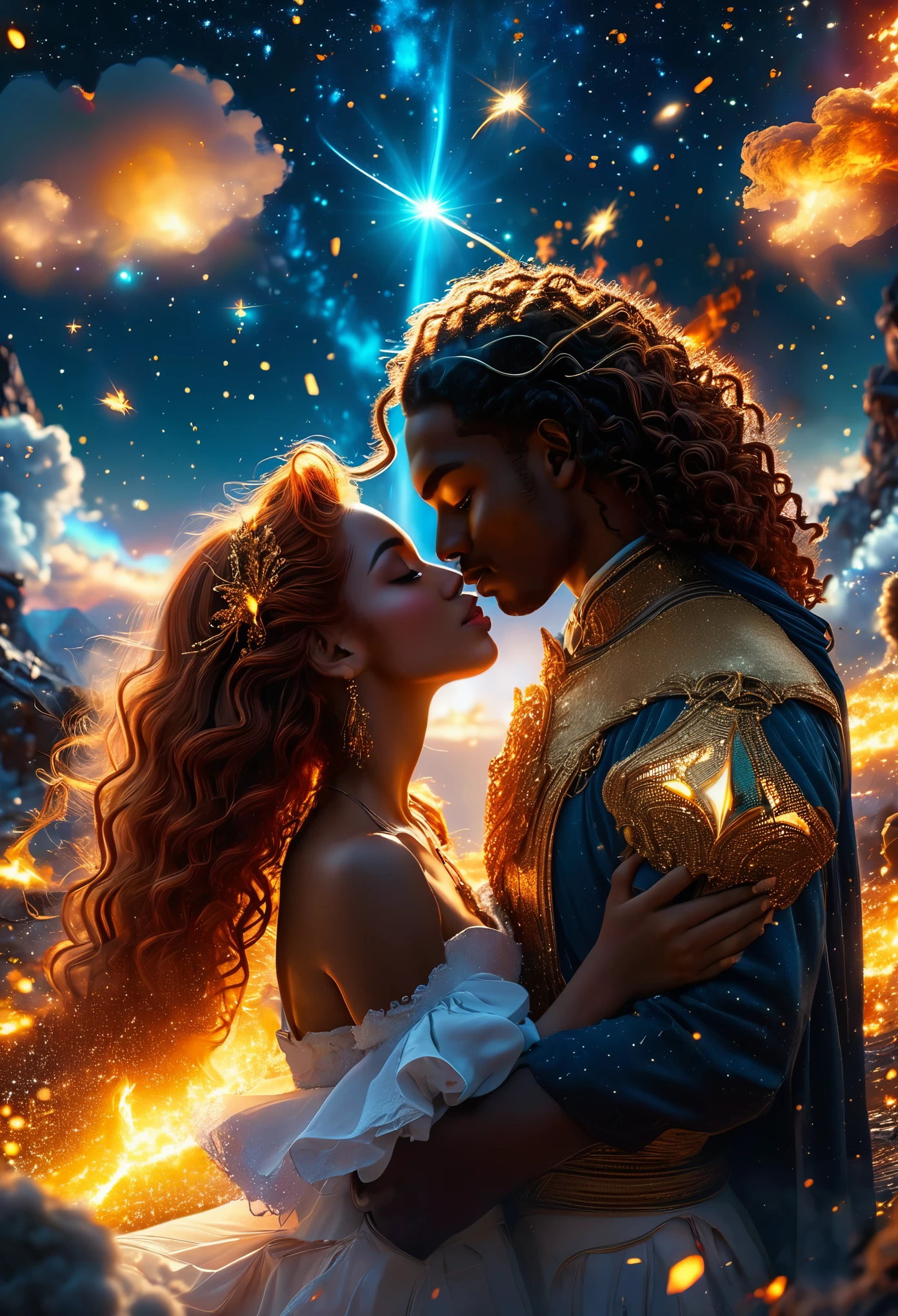 In a celestial dreamland landscape, a couple dressed luxuous, differents faces, they are all darkskin, (((young, in 20's))), (((one brown skin gingerhair1.5 woman))), (they are two différent and separate couple1.2). The couple is a brown skin duke long dark curly hair with a ginger long hair woman ((((kissing, love scene, hot scene))) dangerous scene, war, battle, luminuous stars, chaos, fire, destrctions, 8K, extremely detailed, high quality, (photorealistic:1.37), Full body, vibrant colors, perfect lighting, soulful expressions, celestial aura, majestic presence, dreamlike atmosphere, 8 k artistic photography, photorealistic concept art, soft natural volumetric cinematic perfect 
