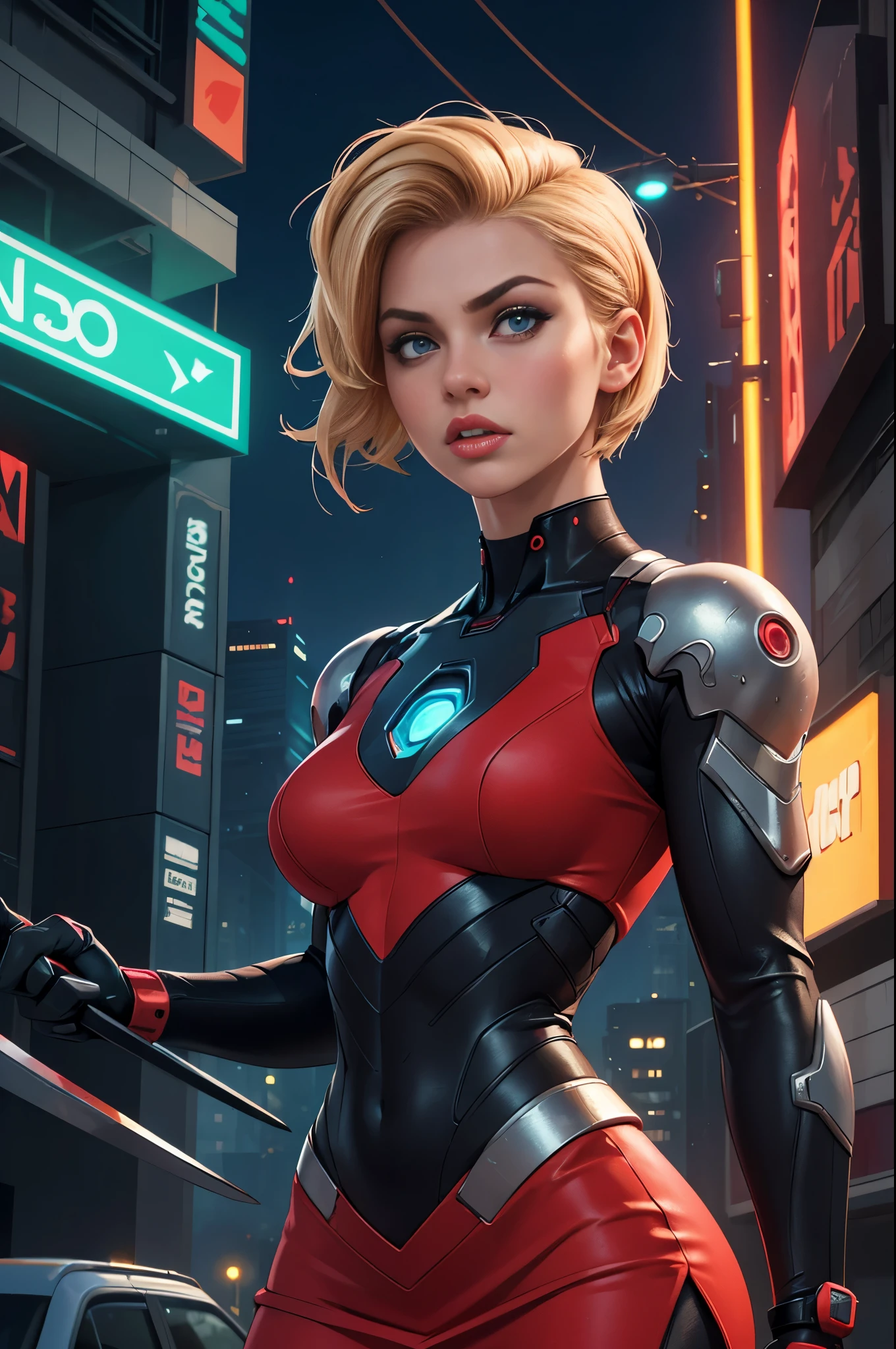 (best quality,4k,8k,highres,masterpiece:1.2),ultra-detailed,(realistic,photorealistic,photo-realistic:1.37), short red dress, undercut platinum bobcut blonde hair, beautiful detailed eyes, beautiful detailed lips, small breasts, fit and muscular physique, short hair, confident expression, strong and capable posture, armed with weapons, futuristic mercenary, cybernetic enhancements, urban backdrop with neon lights, empowering and fierce appearance, vibrant colors, dynamic lighting