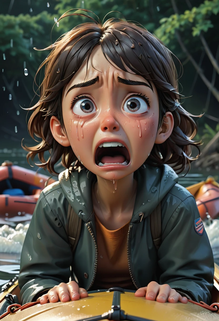 comic art style, anime realism, (sad crying, shed tears:1.5), Rubber boat, scared, cold, wail, yowl, (best quality, perfect masterpiece, Representative work, official art, Professional, high details, Ultra intricate detailed:1.3)