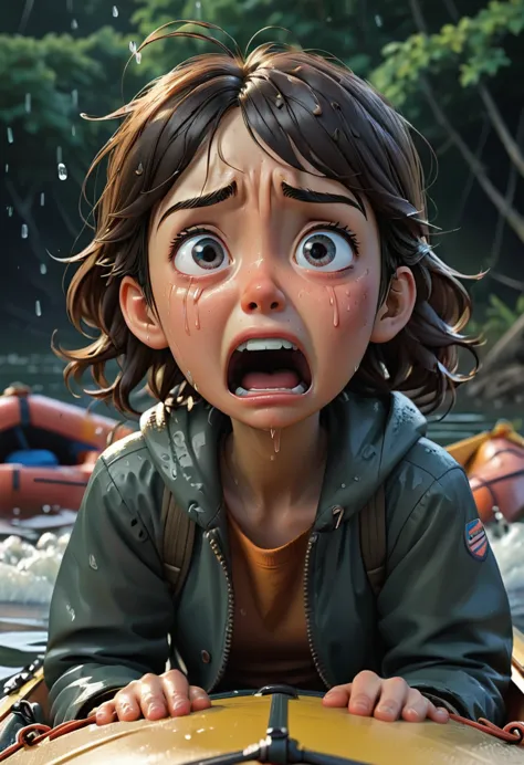 comic art style, anime realism, (sad crying, shed tears:1.5), Rubber boat, scared, cold, wail, yowl, (best quality, perfect mast...