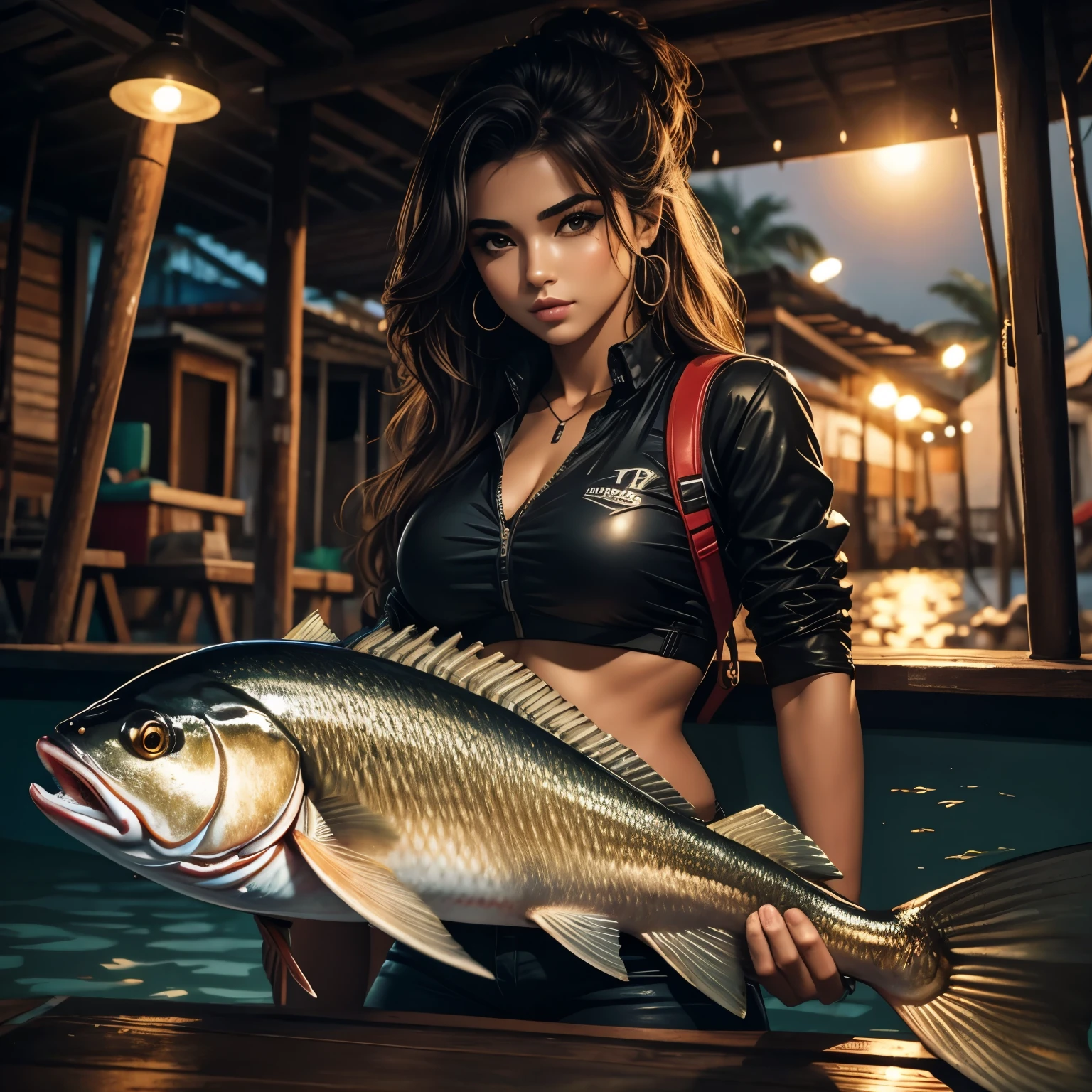 Mulher forte que fica da pesca