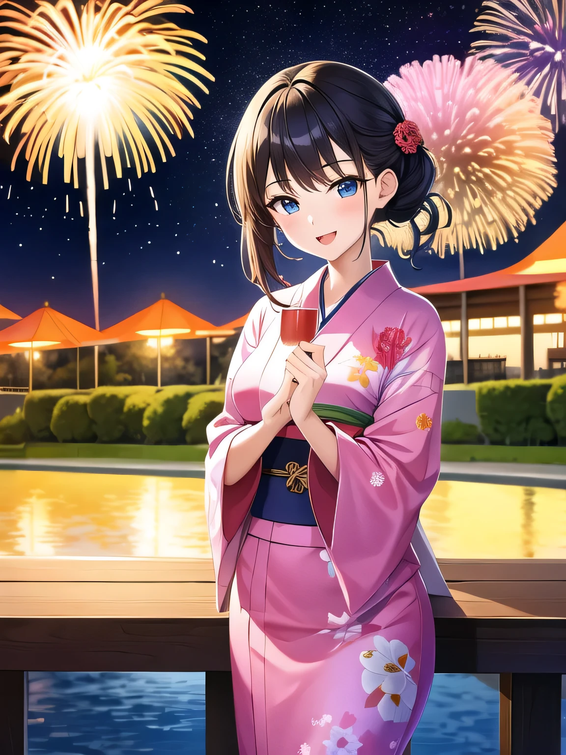 (masterpiece, highest quality:1.2), 1 girl, alone、Yukata figure、Being at the fireworks display、big fireworks go off in the sky、A person enjoying cotton candy in hand