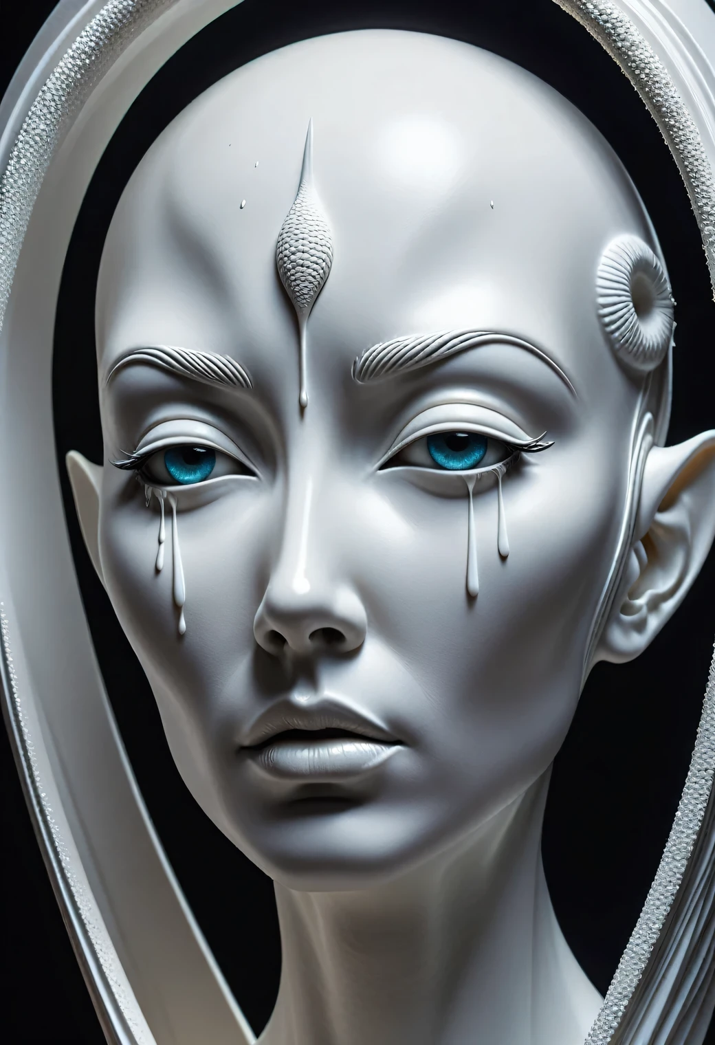 Design of a modern unusual sculpture made of white plaster., the sculpture depicts the face of a beautiful alien woman with an elongated head and large elongated and slanted eyes., the alien&#39;s eyes are full of transparent tears, tears accumulate in the eyes and flow down the alien&#39;s rough cheeks, tears dripping from the alien&#39;s sharp chin, dripping tears turn into stylized red butterflies and fly around., the alien has a beautiful high forehead, part of the sculpture has cracks and chips on the forehead, Modern Art, A high resolution, crying and tears, butterfly tears, butterfly drops, the rough texture of the alien&#39;s mow is shown in detail