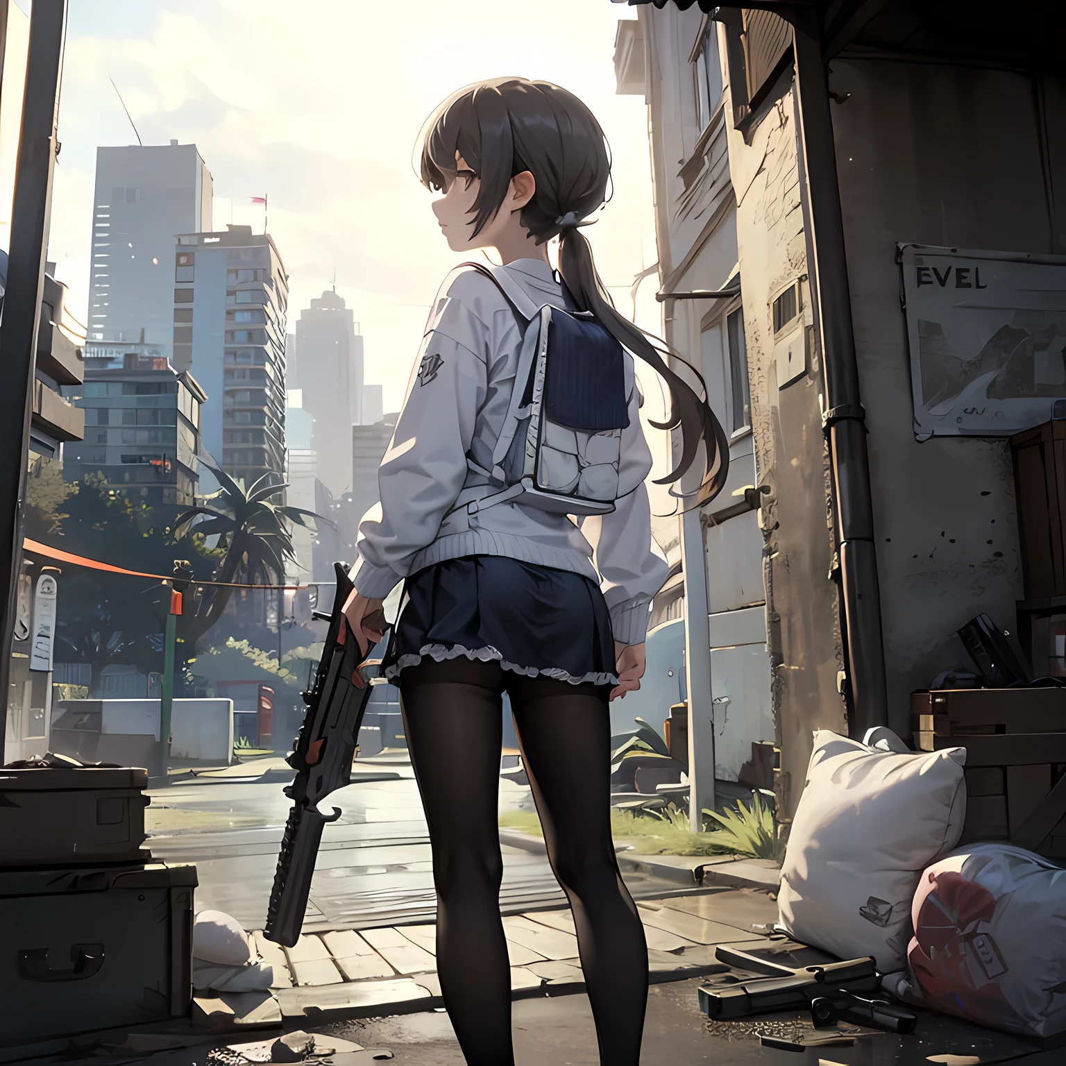 (8K、highest quality、masterpiece:1.2)、Super detailed、super resolution、realistic、1 girl,Inside a dilapidated building,,profile,rain,Sad face,Low - Angle,collapsed cityscape,Rear view,Holding a gun