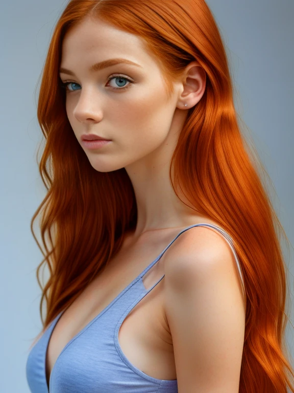 (masterpiece, best quality:1.2), ((1 girl, solo)), irish, slim, beautiful redhead, long ginger hair, ((face and shoulder portrait)), (standing), plain gray background, masterpiece, HD high quality, 8K ultra high definition, ultra definition,