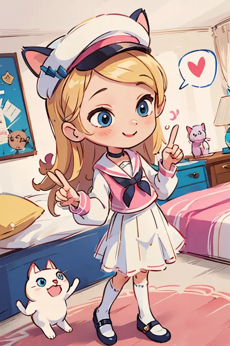 (Room:1.5),Smile,pink and white skirt,masutepiece, Best Quality,Hair Ornament,(peace sign),Sailor hat,Looking away,zettai_ryouik...