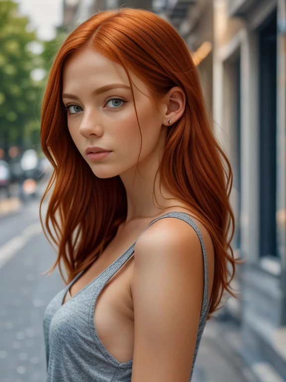 (masterpiece, best quality:1.2), ((1 girl, solo)), irish, slim, beautiful redhead, long ginger hair, ((face and shoulder portrait)), (standing), plain gray background, masterpiece, HD high quality, 8K ultra high definition, ultra definition,