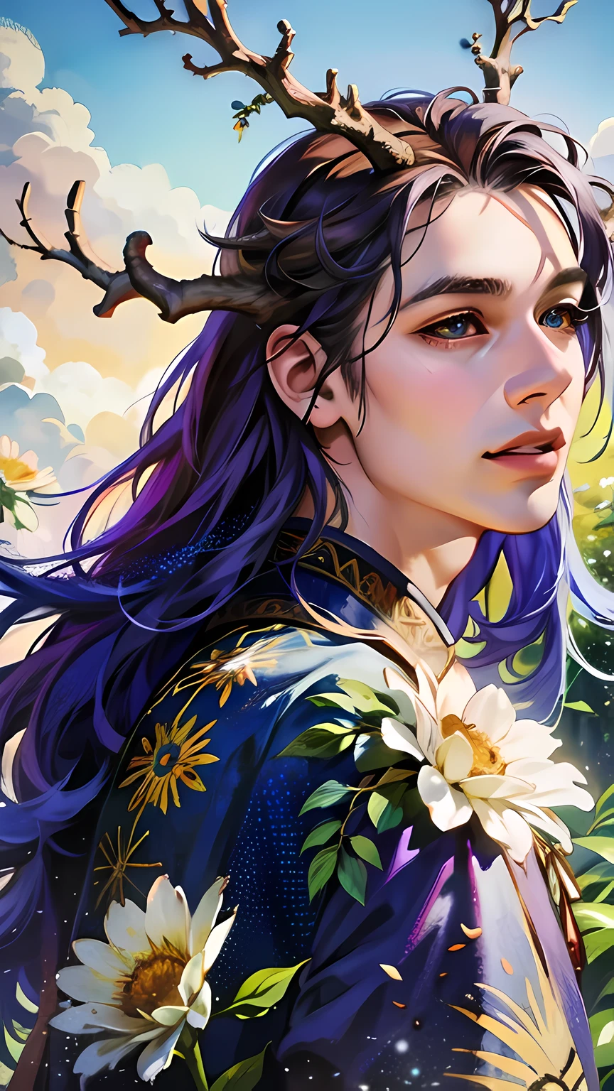 (Best quality,4K,8 k,A high resolution,masterpiece:1.2),Ultra detailed,(realistic,photorealistic,photo-realistic:1.37), 1 person, boy, with colorful wings on his back,Long purple hair,flowers in his hair,Yellow eyes,horns of goals,Bald tail,cartoon style,bright colors,Soft lighting