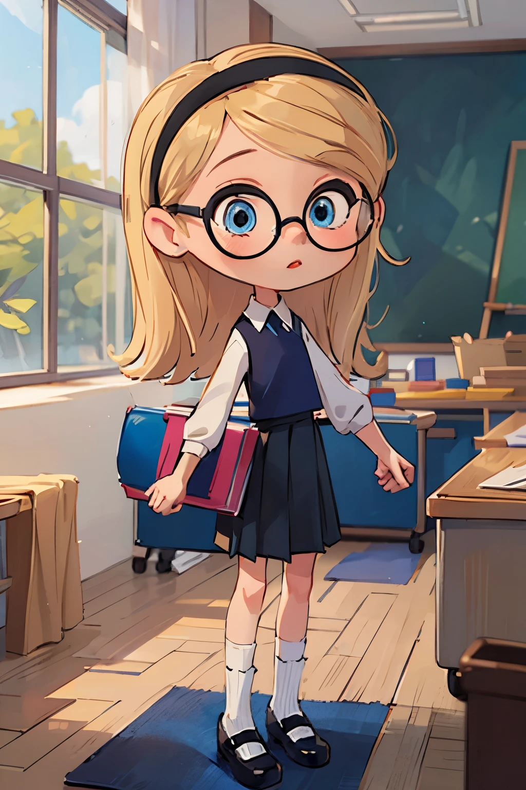 penny peterson, (masterpiece), classroom, 1girl, medium hair, long blonde hair, hairband, (blue eyes:1.2), cute, beautiful, very young, dark blue uniform, black skirt, pleated skirt, long blue tube socks, cute art, purple glasses,