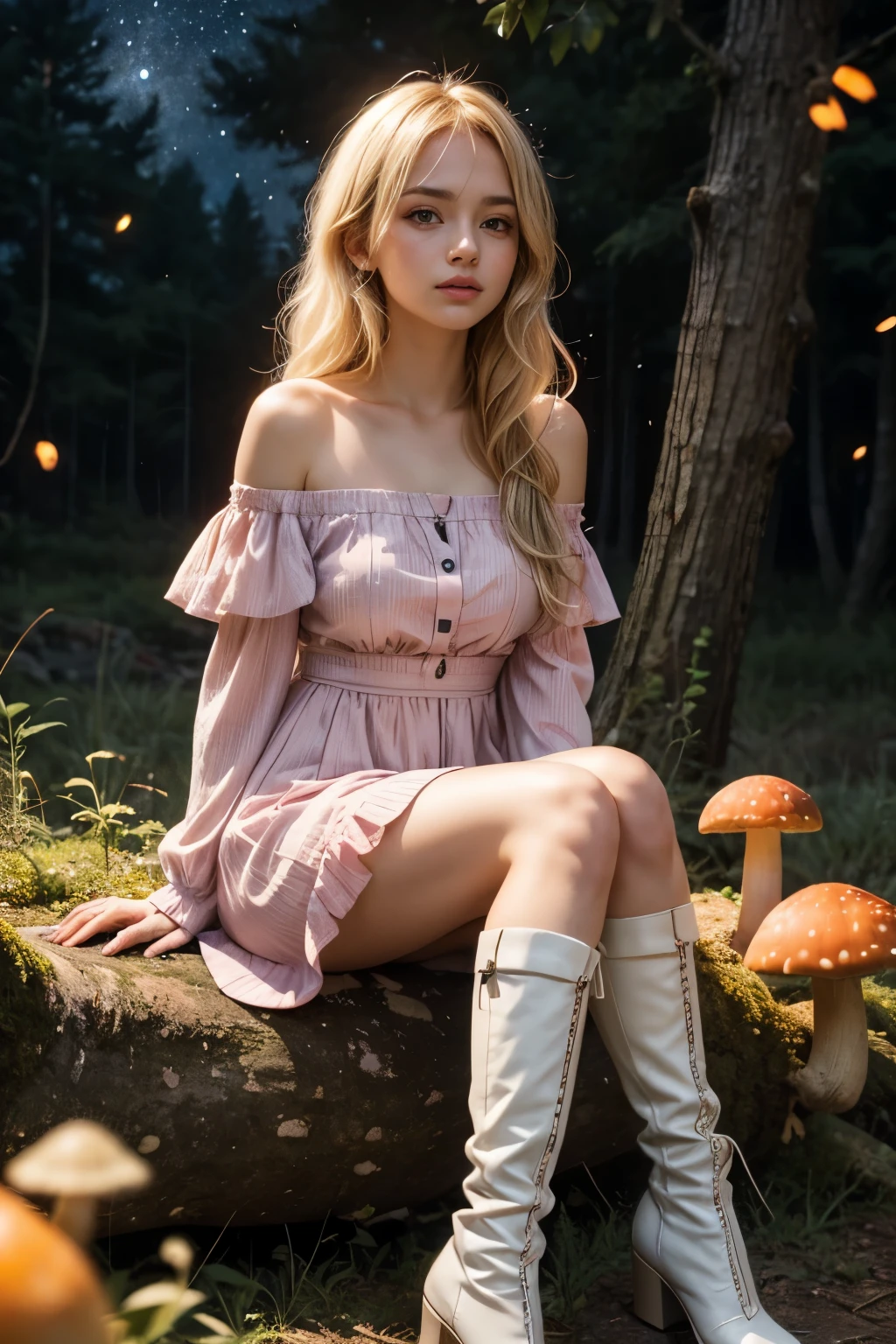 Hellblondes Anime-Mädchen mit blassblauen, violetten Augen, trägt ein rosa schulterfreies Kleid mit Puffärmeln und knielange weiße Stiefel und sitzt im Wald neben einem orangefarbenen Pilz, umgeben von Glühwürmchen unter einem Sternenhimmel.  