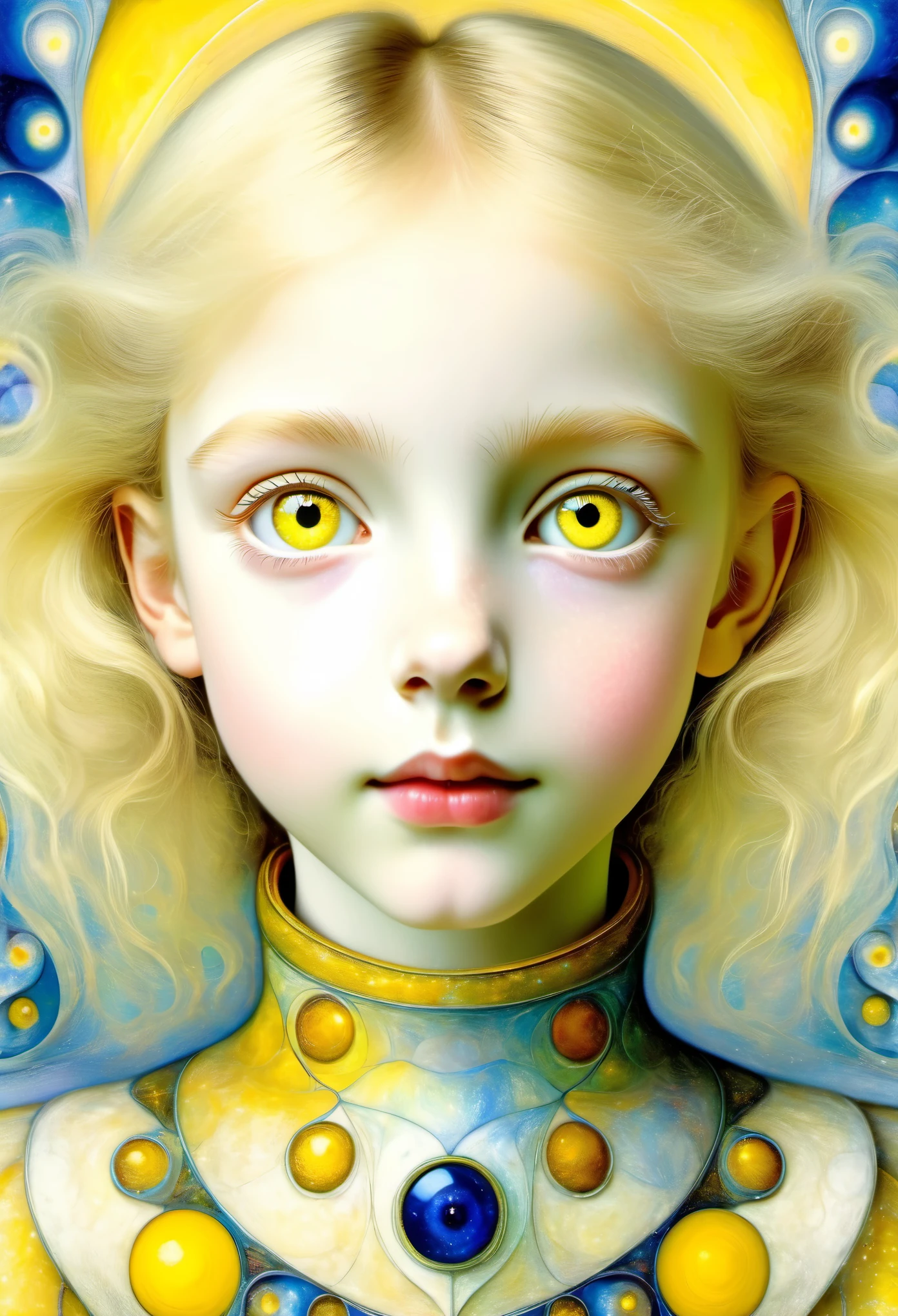 (young girl, 12 years old, blond hair, pale skin), (yellow (eyes:1.2)), (slim build:1.3), (fantasy space suit), beautiful face, symmetrical face((Marc Chagall style)), magical naive art, primitivism, protogenes,((Best quality, masterpiece)),
(Higher detail), Impressionism:1.1, 8k