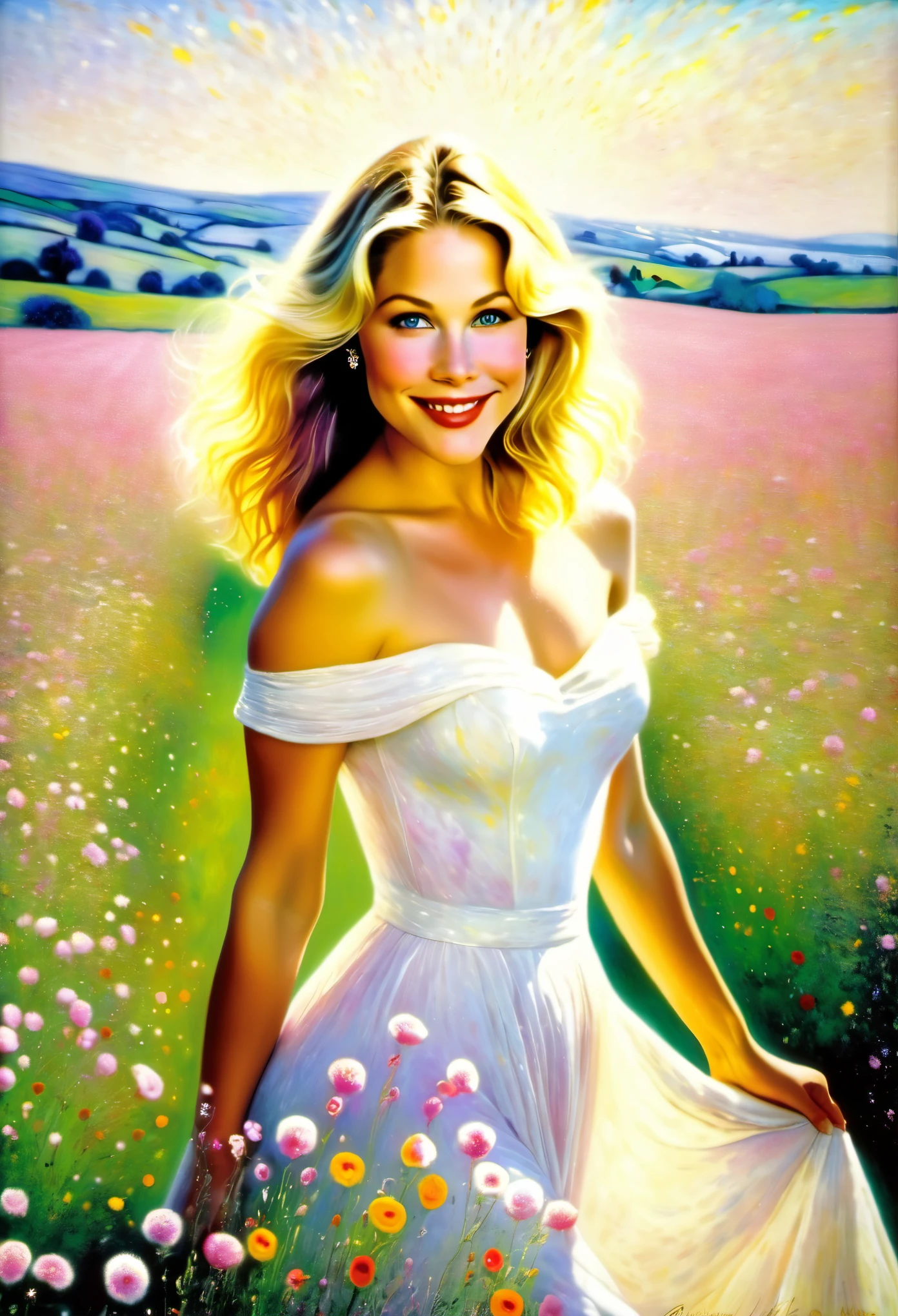 (young Christina Applegate white dress, bare shoulders, field of pink flowers in bloom, glowing skin, slight smile)((Marc Chagall style)), magical naive art, primitivism, protogenes,((Best quality, masterpiece)),
(Higher detail), Impressionism:1.1, 8k