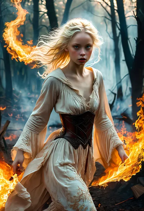 cover of a fantasy book with an albinos beautiful girl running in the forest in fire, in the night, (((elle a peur:1.5, elle ple...