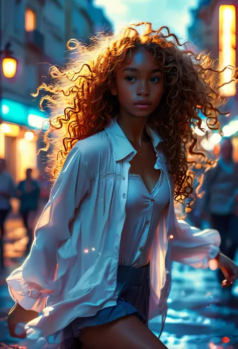 In a French city, close-up of three young ennemies, (((a brown skin teen woman ginger long curly hair wearing a hospital blouse)...