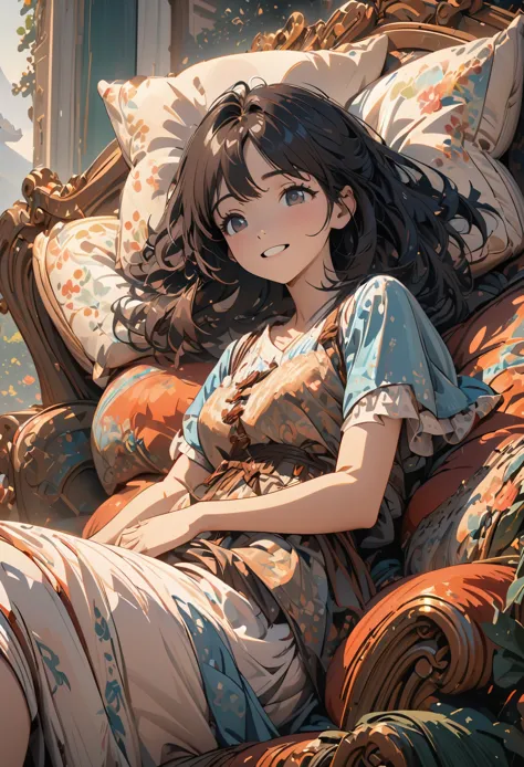 a girl, lying on the sofa, looking happy, chinese animation style, looks depressing, high quality, super detailed, crazy details...