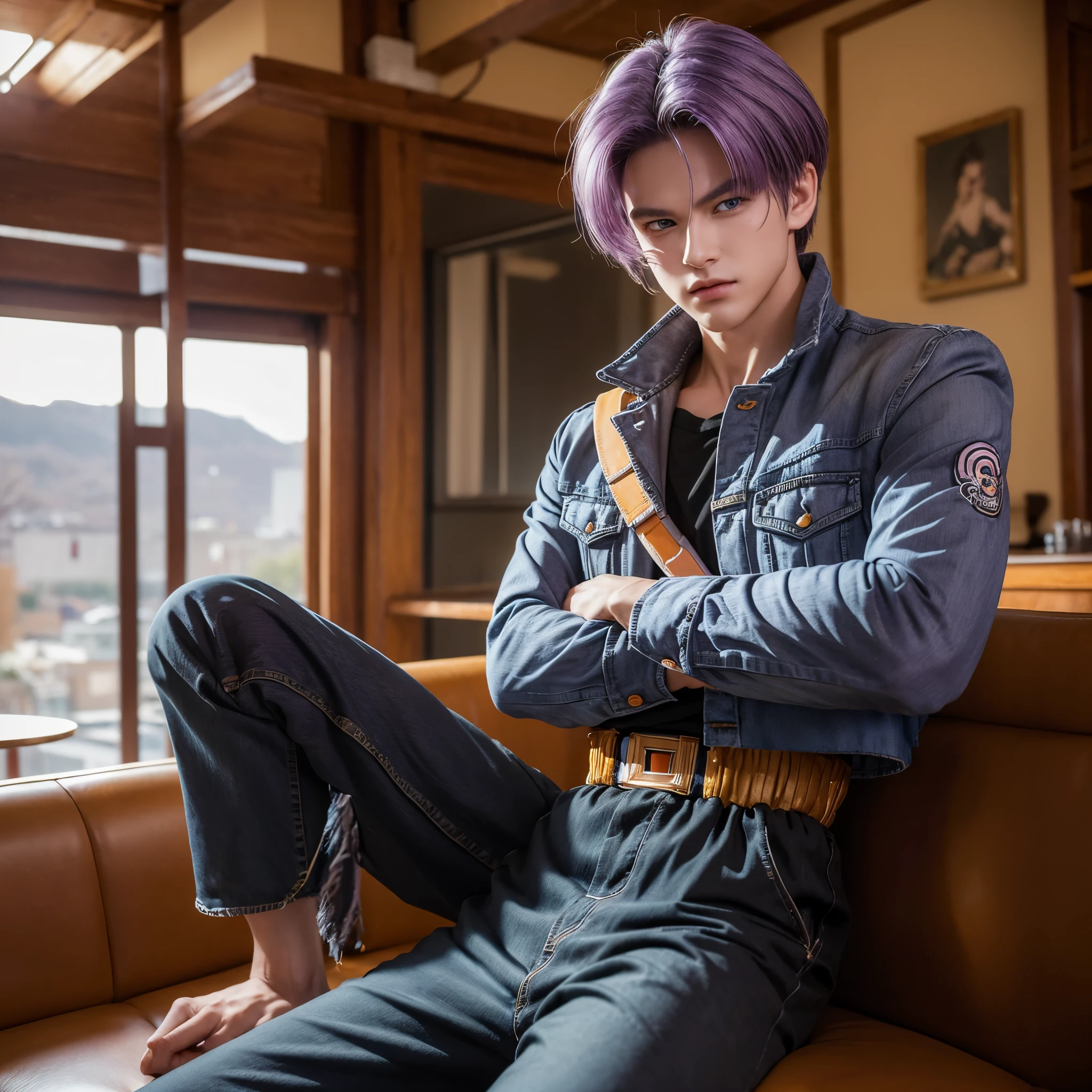 (masterpiece, best quality:1.2), cowboy shot, solo, male focus, 1boy, trunks (dragon ball), expressionless, closed mouth, sitting pose in a cafe, looking at viewer, crossed arms, purple hair, blue eyes, jacket, shirt, pants, sword, indoors 