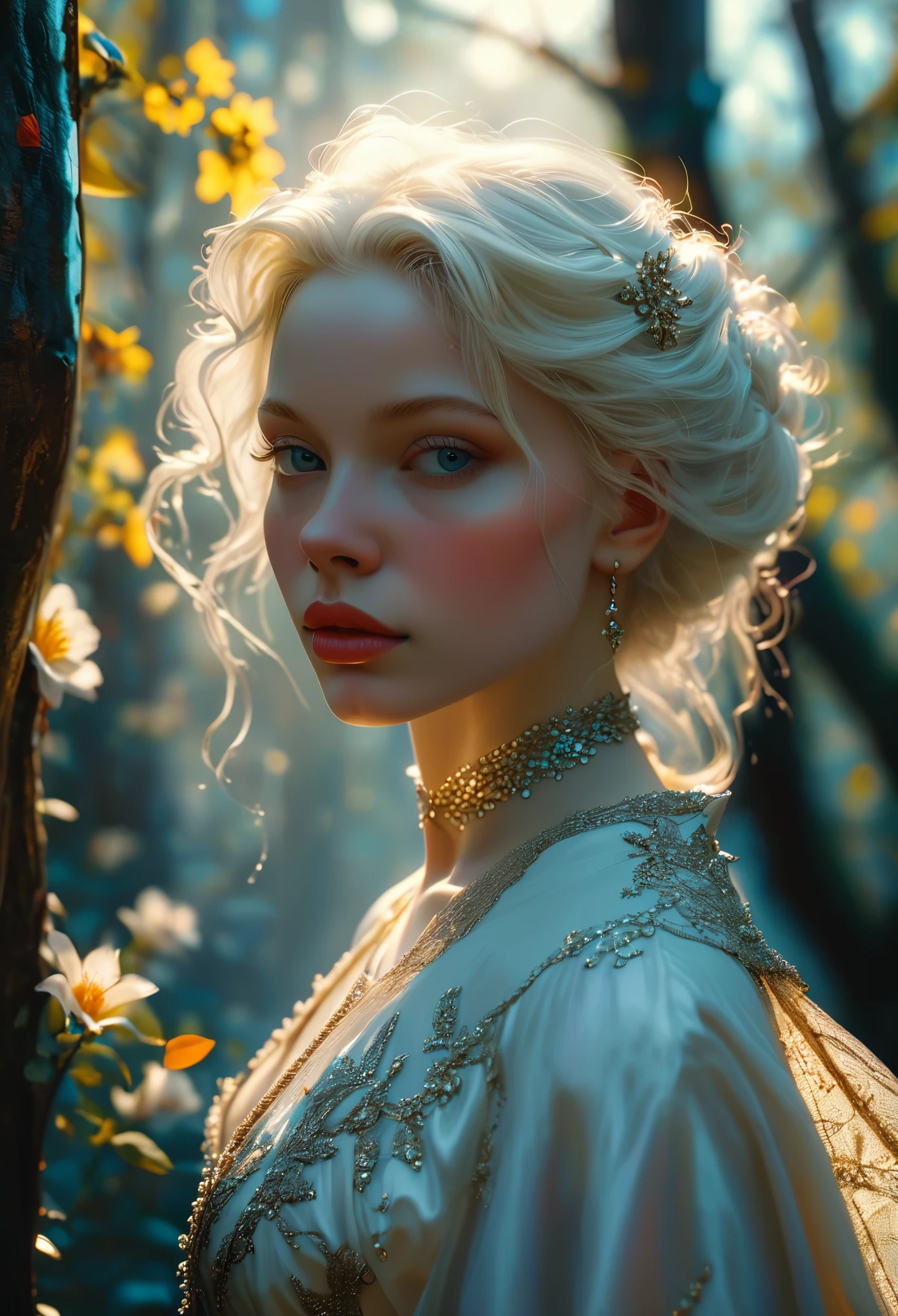 Romance in a forest, le titre est Soulmate, an albinos girl pleurant dans une ruelle, visage très fins, (((very beautiful))), visages parfait, corps entier, 8K, extremely detailed, (high quality,realistic,photorealistic:1.37), Full body, ideal proportions and defined complexion, meticulously crafted features, unreachable beauty, perfection, breathtaking elegance, g curves, goddess-like figures, divine symmetry, artistic masterpieces, vivid realism, hyper-detailed sculptures, life-like forms, truly awe-inspiring, impeccable craftsmanship, pure radiance, ethereal beauty, delicate contours, striking poses, sublime beauty, subtle nuances, dynamic compositions, vibrant colors, perfect lighting, soulful expressions, celestial aura, majestic presence, dreamlike atmosphere, unmatched gdetailed octane render trending on artstation, 8 k artistic photography, photorealistic concept art, soft natural volumetric cinematic perfect light, chiaroscuro, award - winning photograph, masterpiece, oil on canvas, raphael, caravaggio, greg rutkowski, beeple, beksinski, gigerrace and elegance, dazzling perfection, magnificent creations., by Jacob Lawrence and Francis picabia, perfect composition, beautiful detailed intricate insanely

