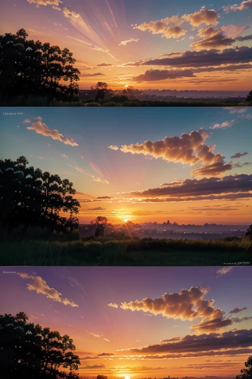 create an image of the sun setting behind the horizon, with colorful clouds, trees and shadows.