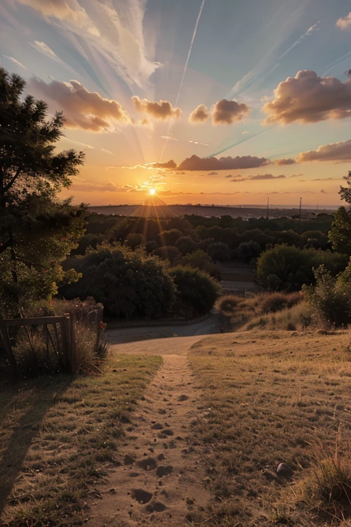 create an image of the sun setting behind the horizon, with colorful clouds, trees and shadows.