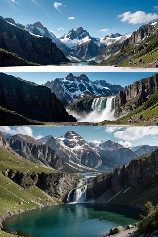 create an image representing a mountain landscape, with peaks, valleys, lakes and waterfalls.