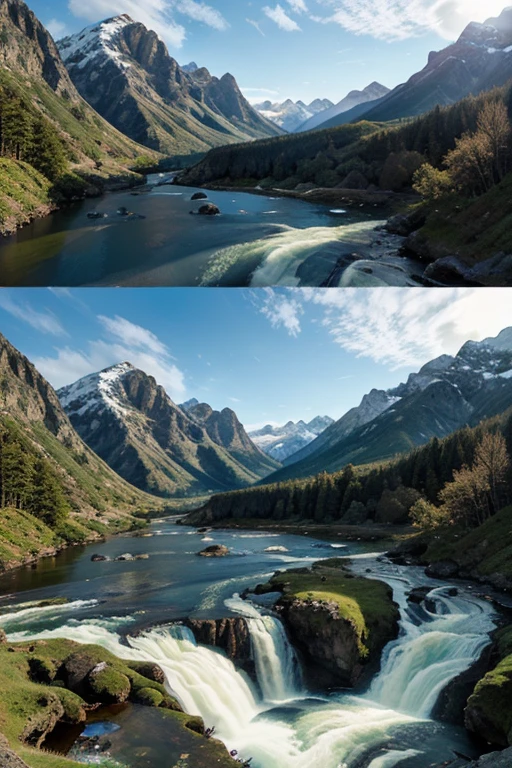 create an image representing a mountain landscape, with peaks, valleys, lakes and waterfalls.