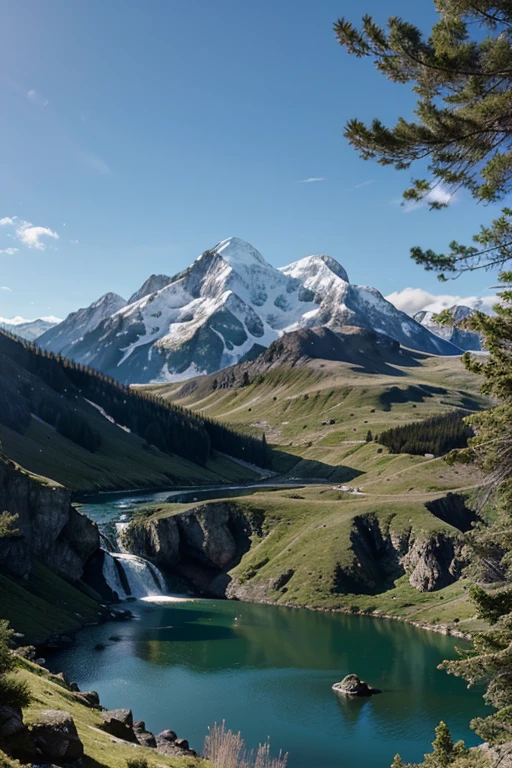 create an image representing a mountain landscape, with peaks, valleys, lakes and waterfalls.