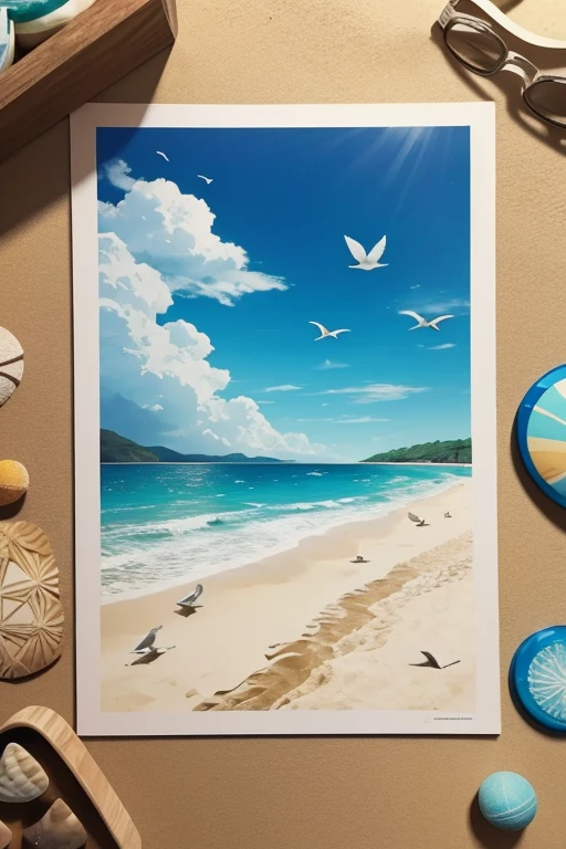 create an image that represents a beach, avec du sable, des vagues, des oiseaux, et des ombrages.